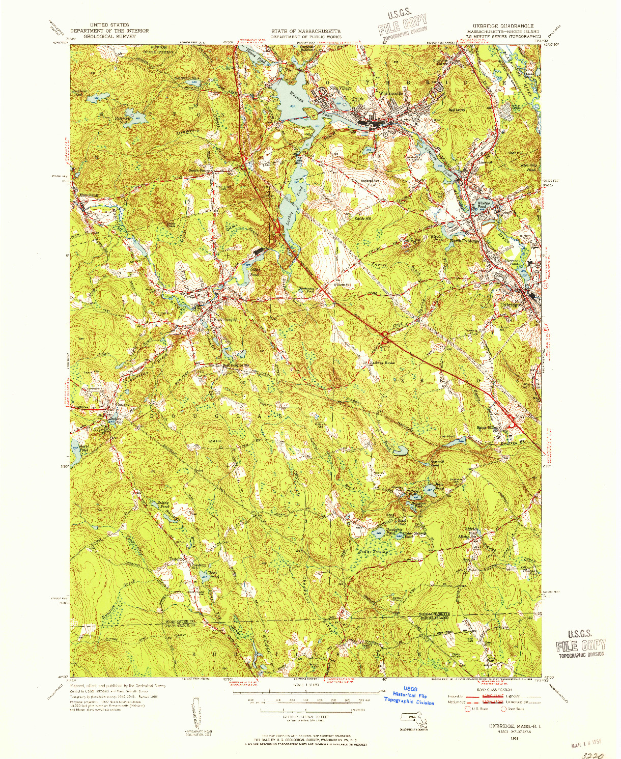 USGS 1:31680-SCALE QUADRANGLE FOR UXBRIDGE, MA 1953