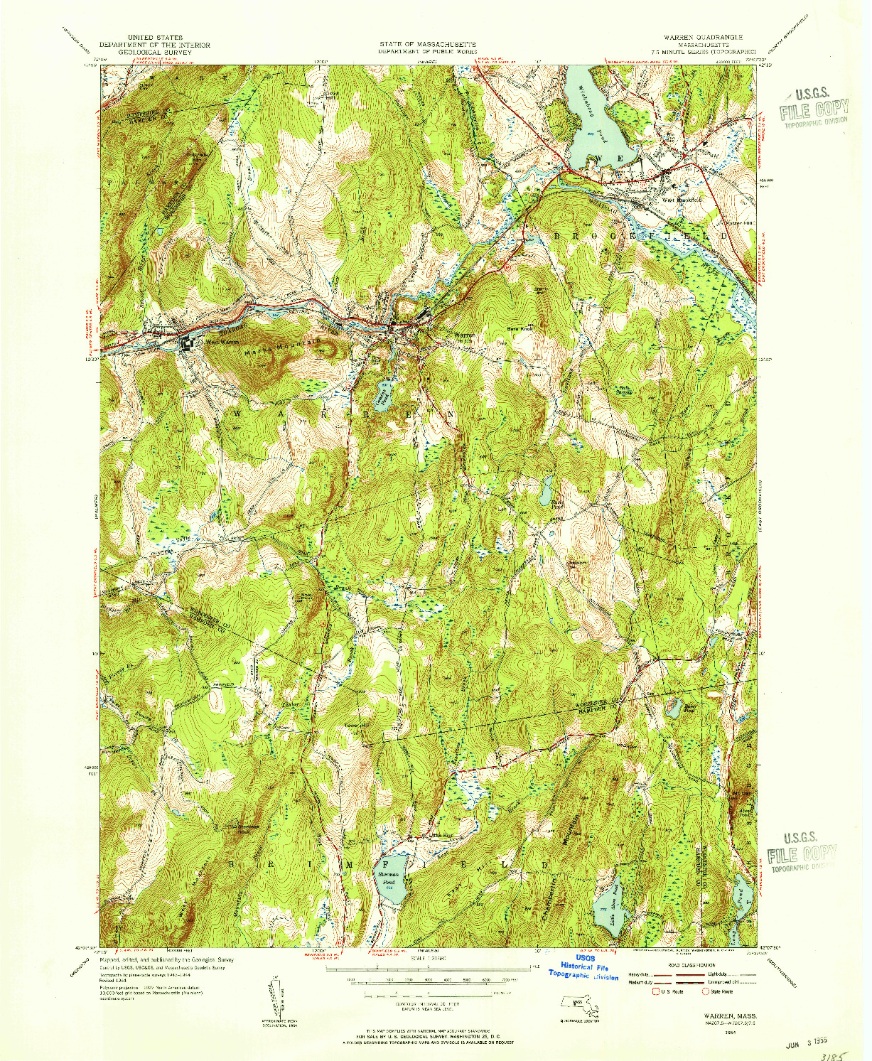 USGS 1:31680-SCALE QUADRANGLE FOR WARREN, MA 1954