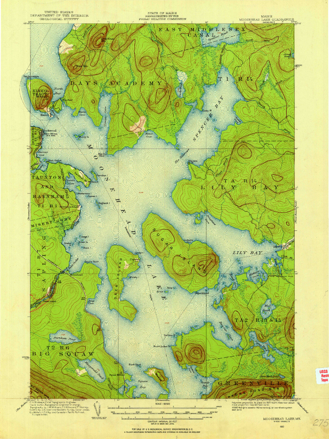 USGS 1:62500-SCALE QUADRANGLE FOR MOOSEHEAD LAKE, ME 1920