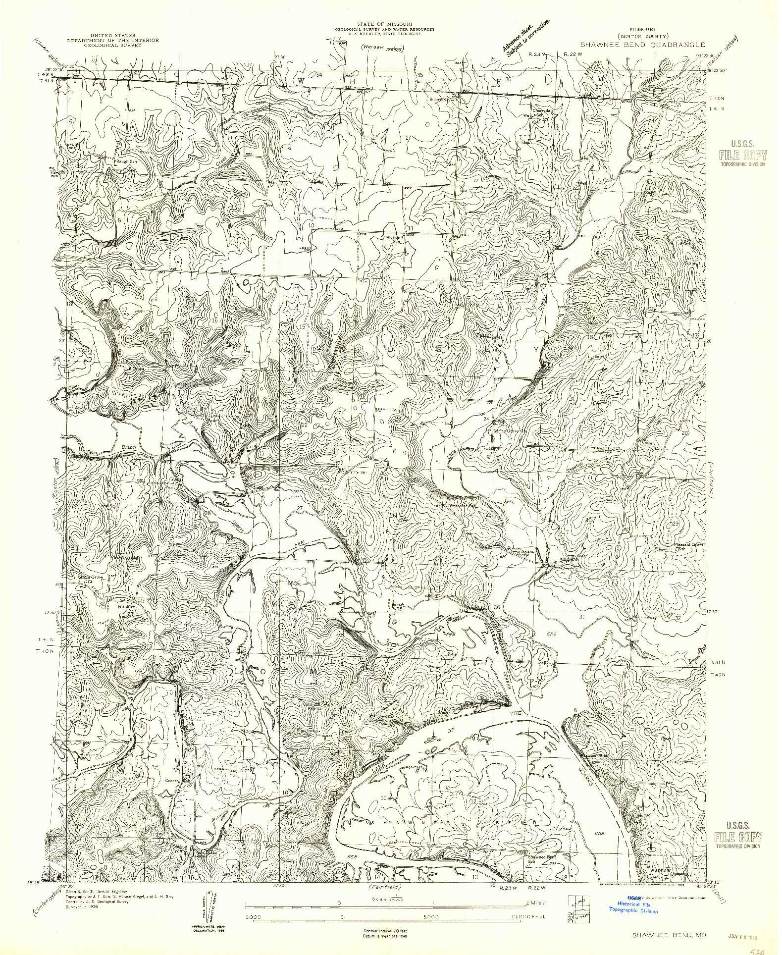 USGS 1:24000-SCALE QUADRANGLE FOR SHAWNEE BEND, MO 1955
