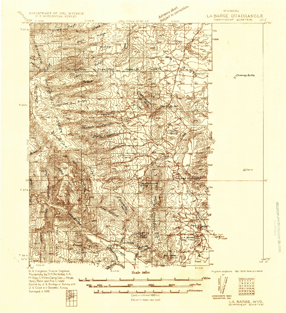 USGS 1:96000-SCALE QUADRANGLE FOR LA BARGE, WY 1936