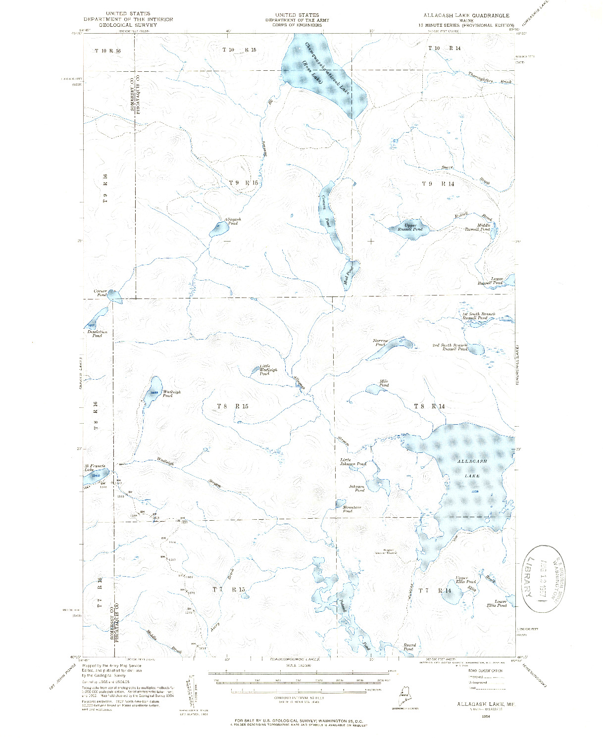 USGS 1:62500-SCALE QUADRANGLE FOR ALLAGASH LAKE, ME 1954