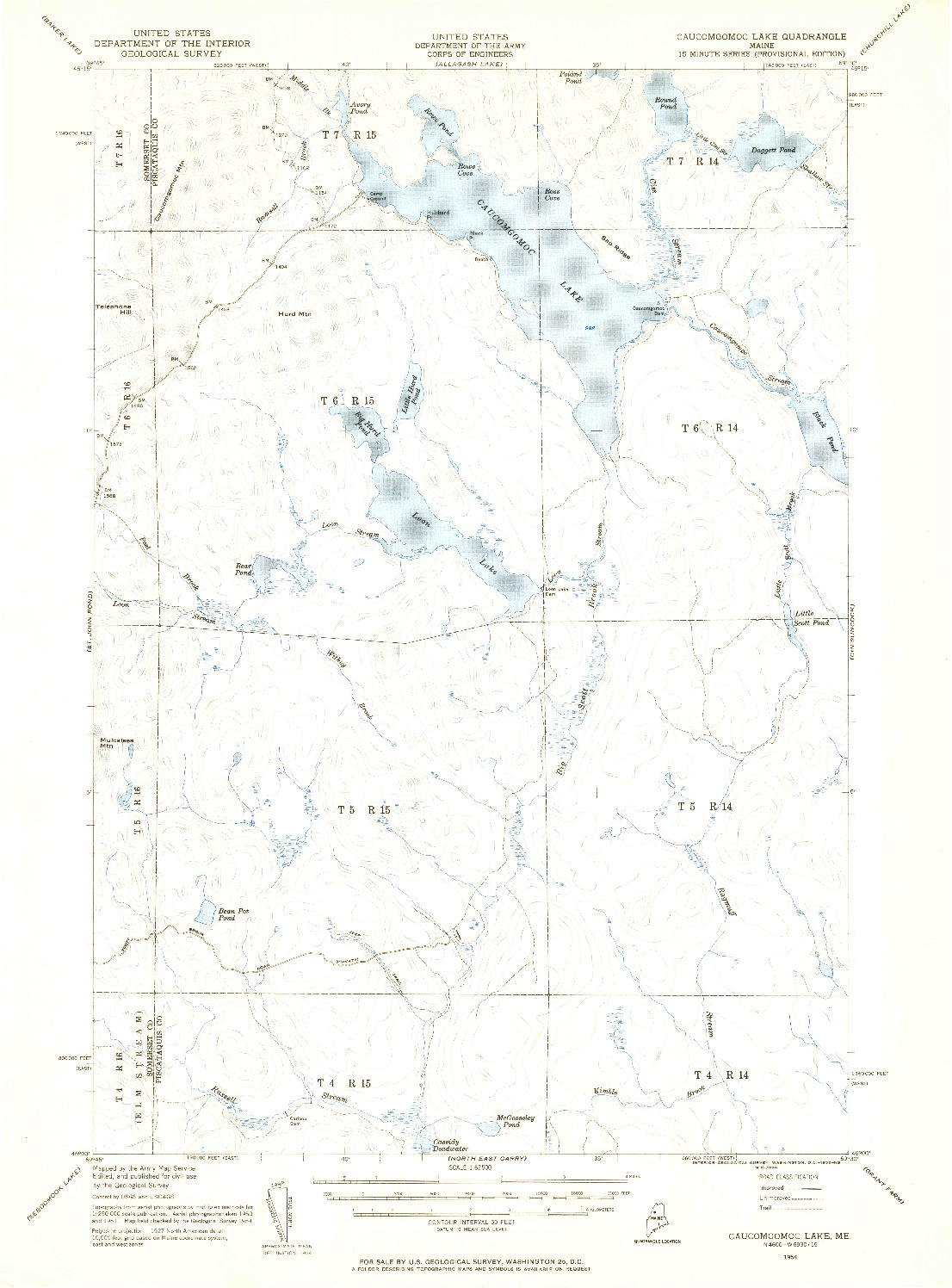 USGS 1:62500-SCALE QUADRANGLE FOR CAUCOMGOMOC LAKE, ME 1954