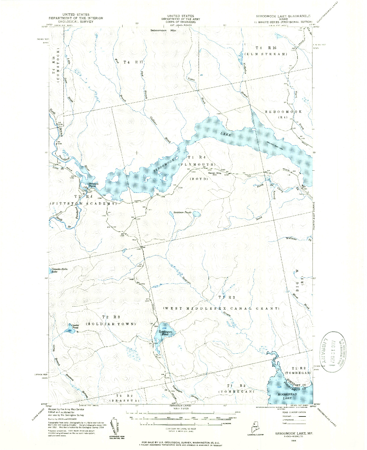 USGS 1:62500-SCALE QUADRANGLE FOR SEBOOMOOK LAKE, ME 1954