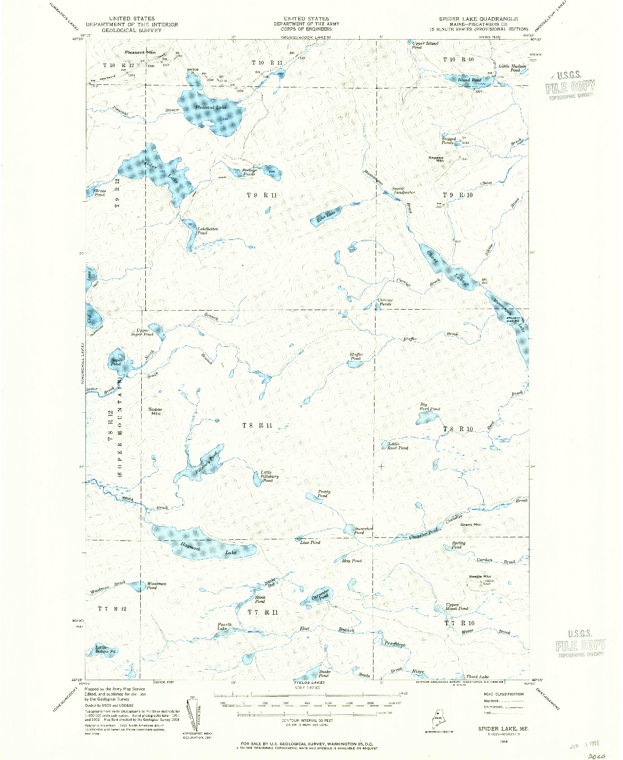 USGS 1:62500-SCALE QUADRANGLE FOR SPIDER LAKE, ME 1954