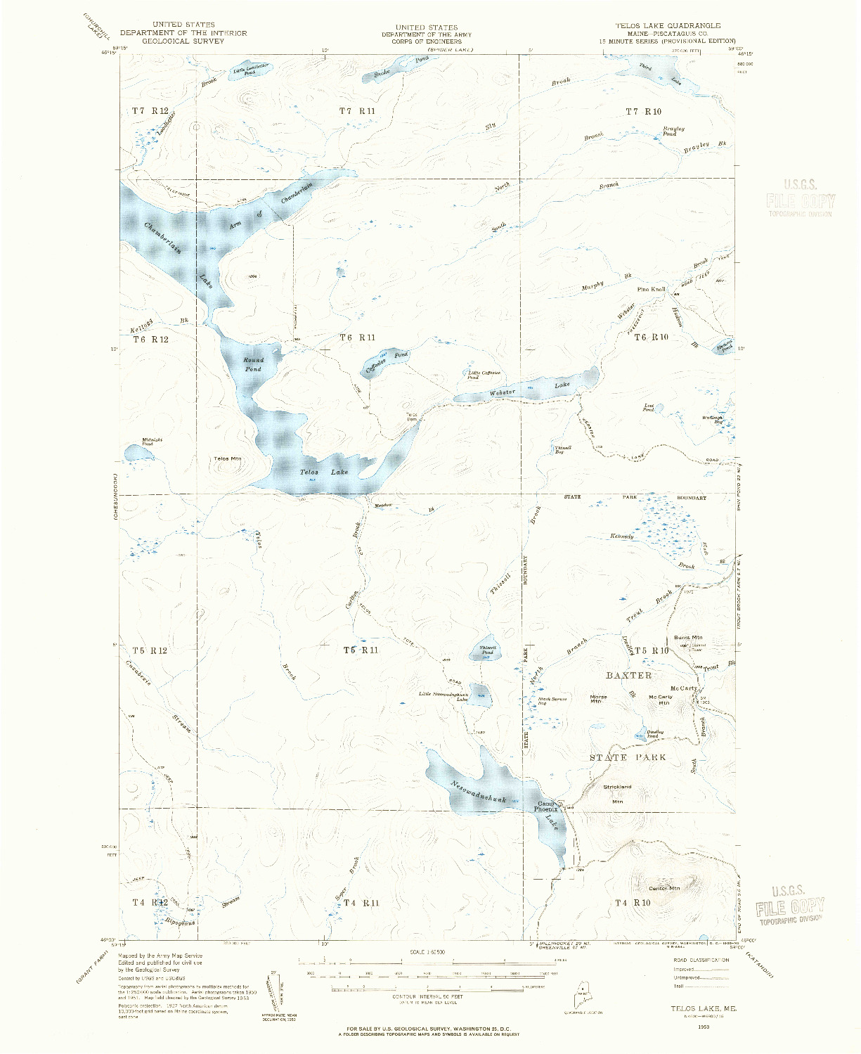USGS 1:62500-SCALE QUADRANGLE FOR TELOS LAKE, ME 1953