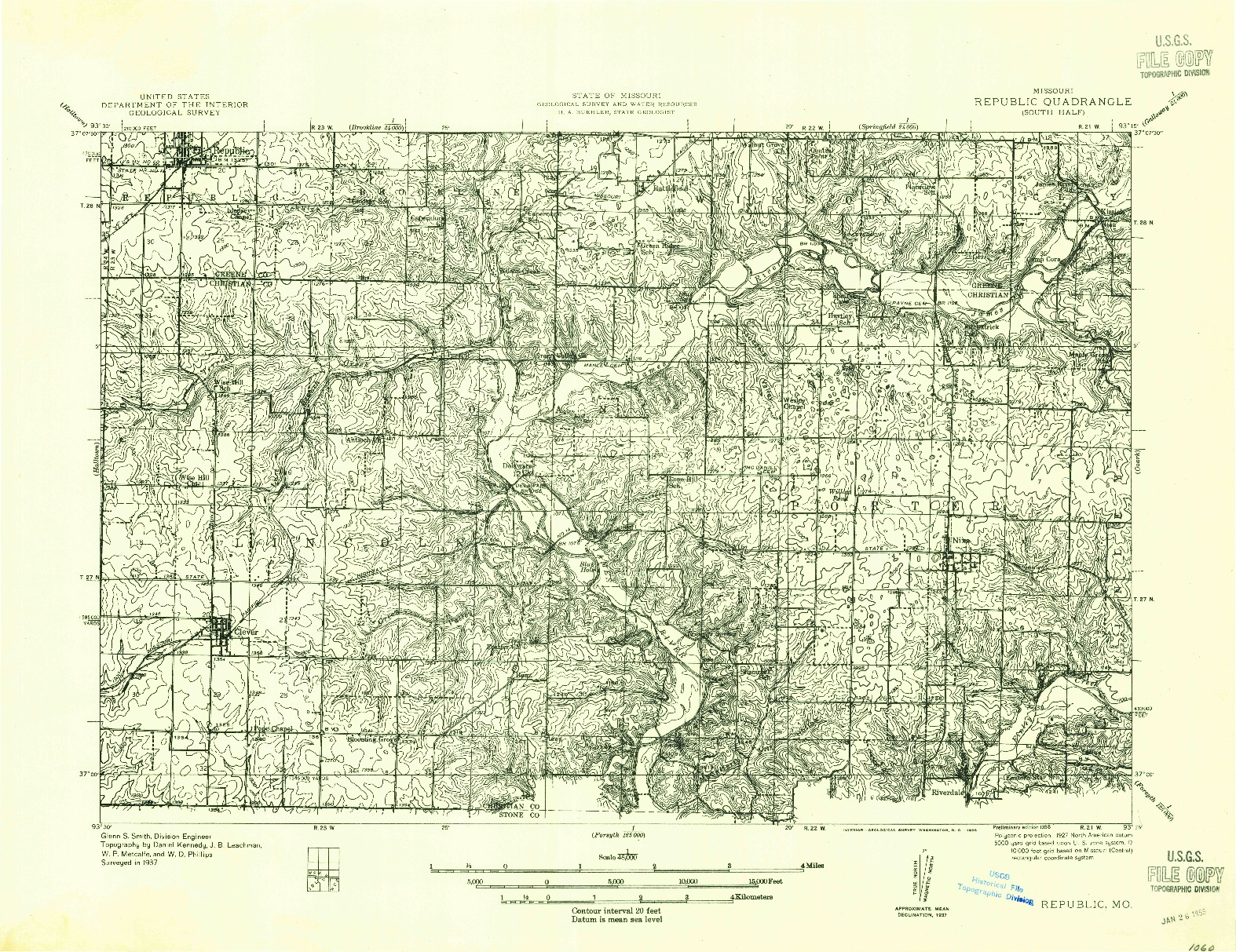 USGS 1:48000-SCALE QUADRANGLE FOR REPUBLIC, MO 1938