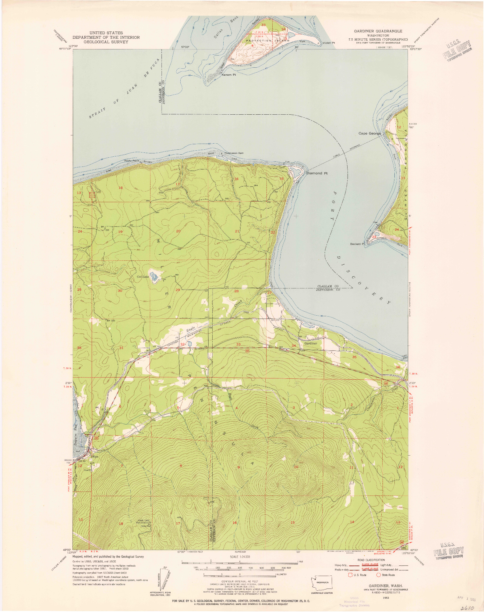 USGS 1:24000-SCALE QUADRANGLE FOR GARDINER, WA 1953