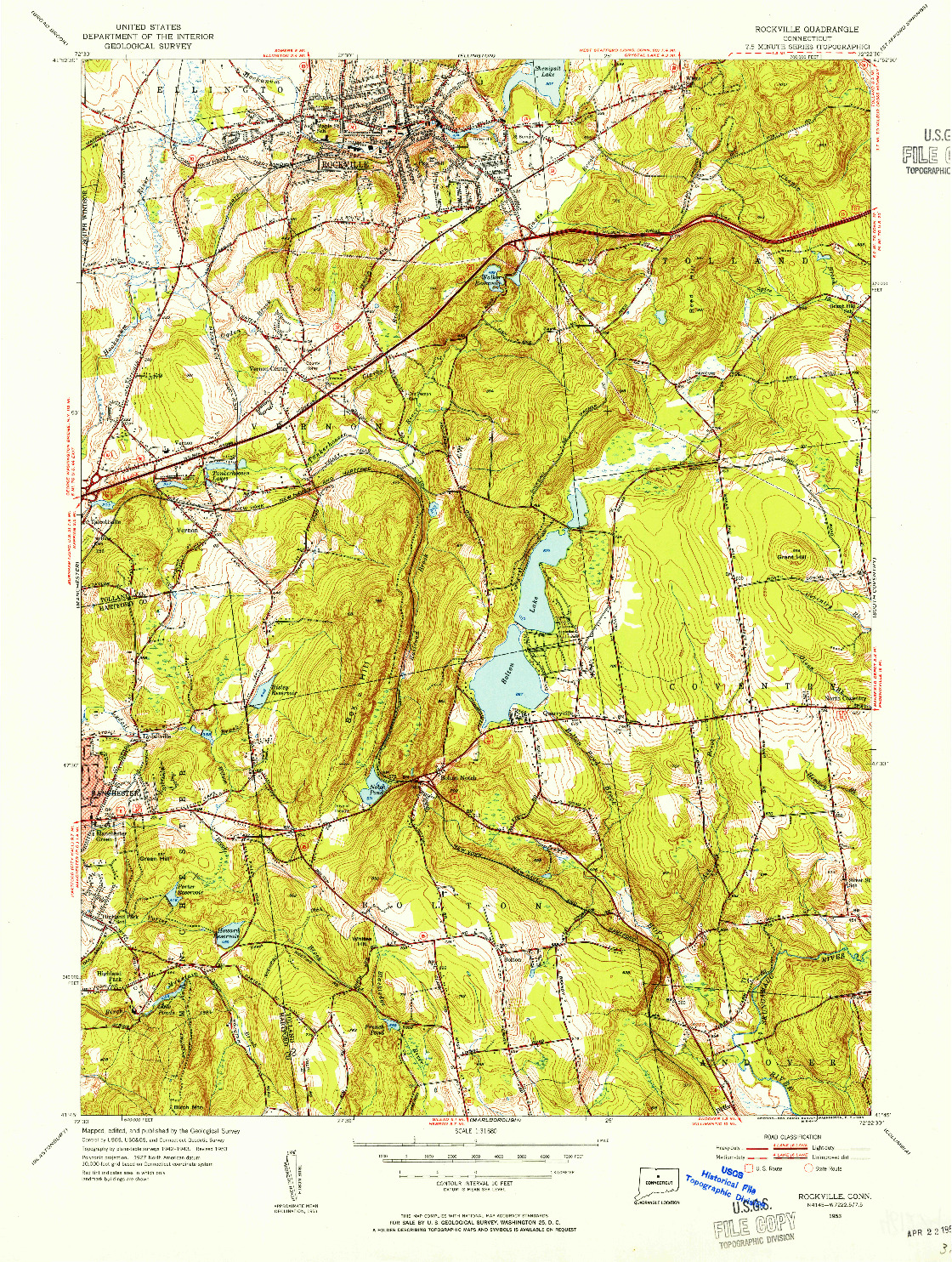 USGS 1:31680-SCALE QUADRANGLE FOR ROCKVILLE, CT 1953