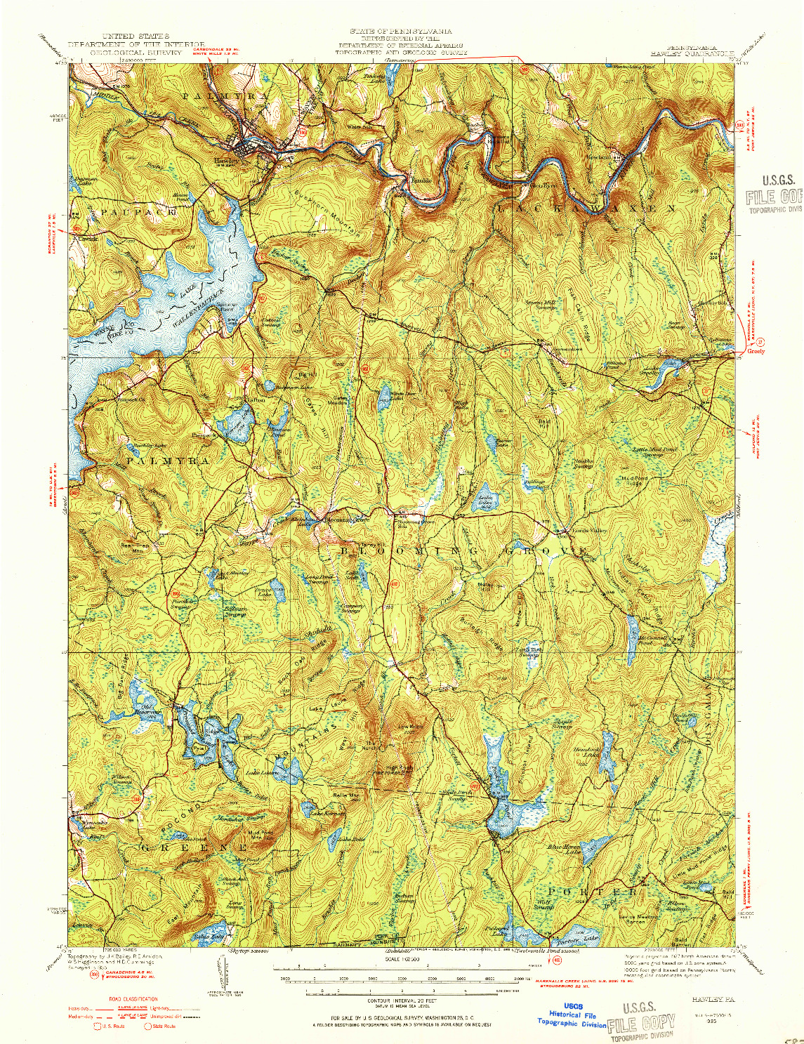 USGS 1:62500-SCALE QUADRANGLE FOR HAWLEY, PA 1935