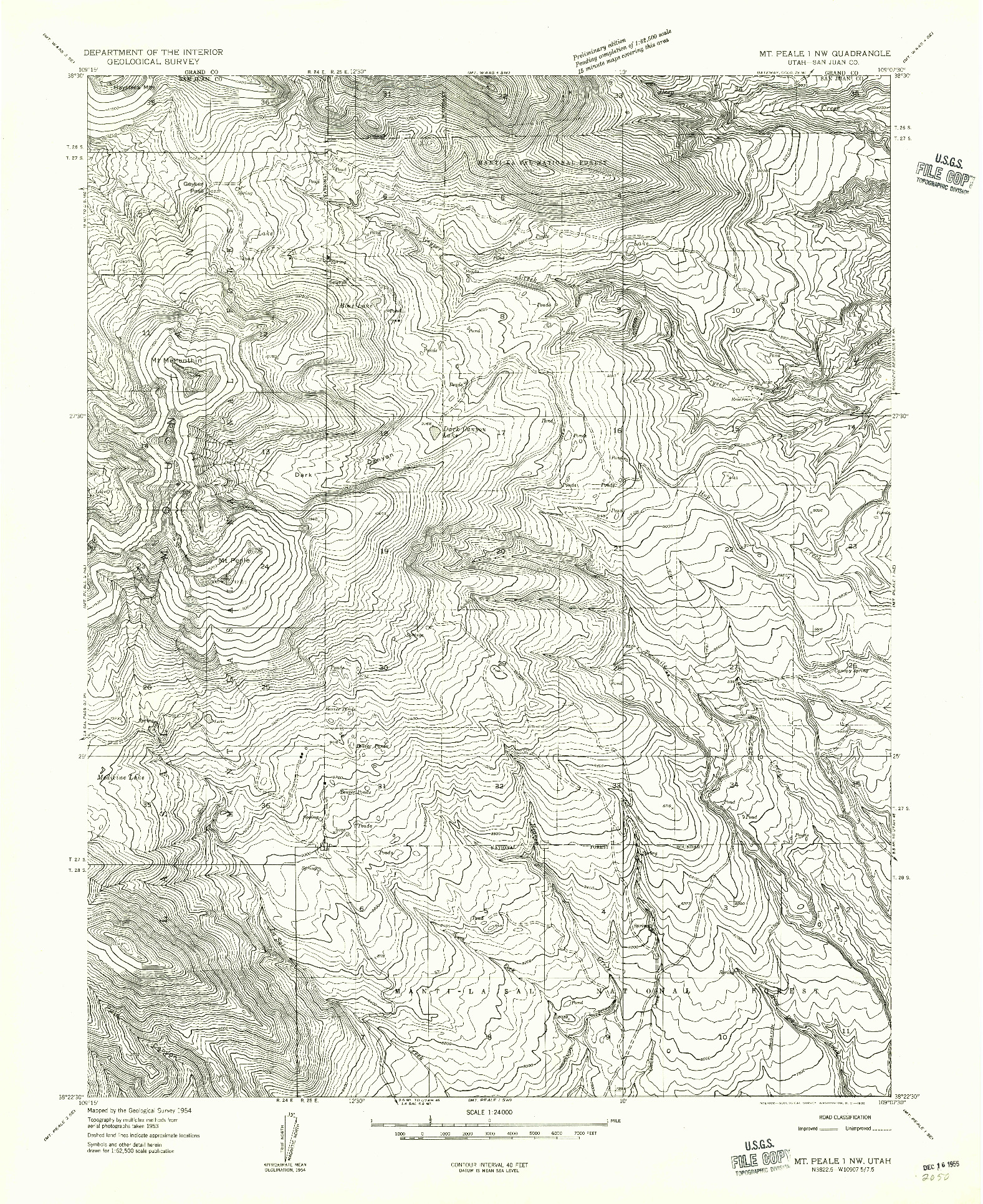 USGS 1:24000-SCALE QUADRANGLE FOR MT PEALE 1 NW, UT 1954