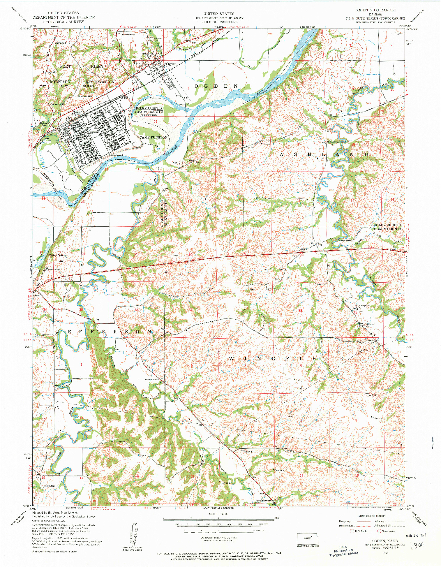 USGS 1:24000-SCALE QUADRANGLE FOR OGDEN, KS 1955