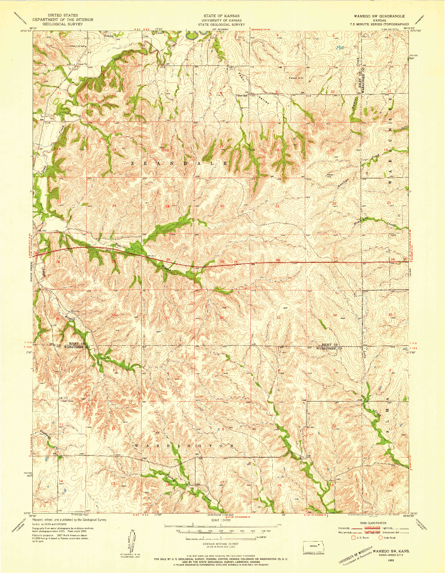 USGS 1:24000-SCALE QUADRANGLE FOR WAMEGO SW, KS 1953