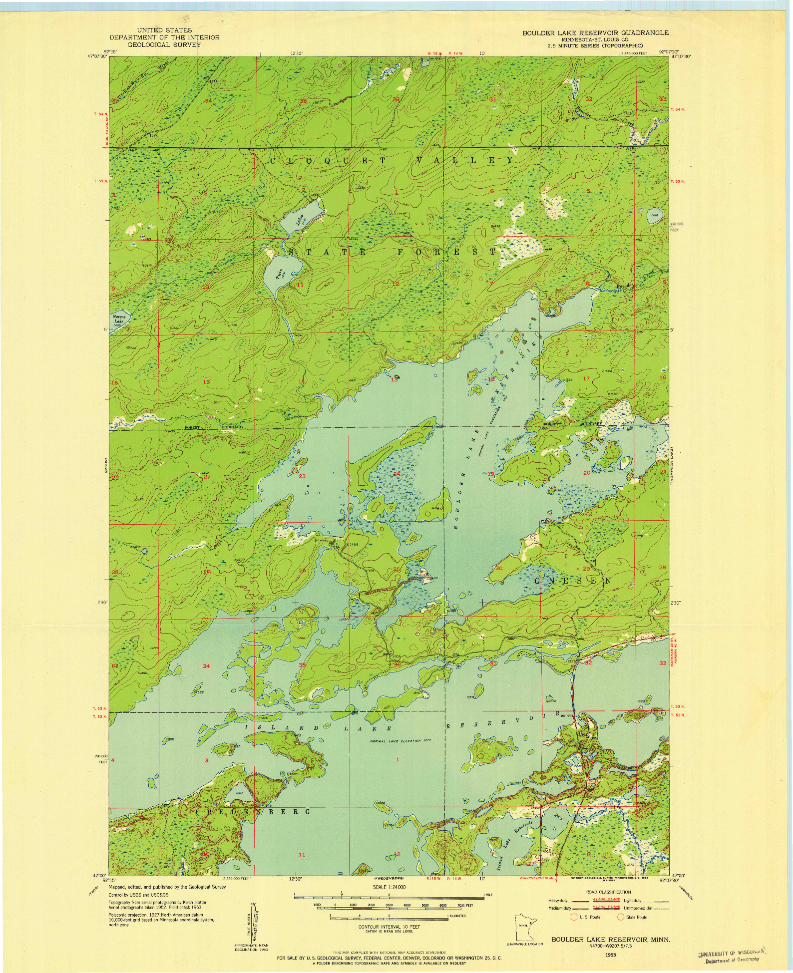 USGS 1:24000-SCALE QUADRANGLE FOR BOULDER LAKE RESERVOIR, MN 1953