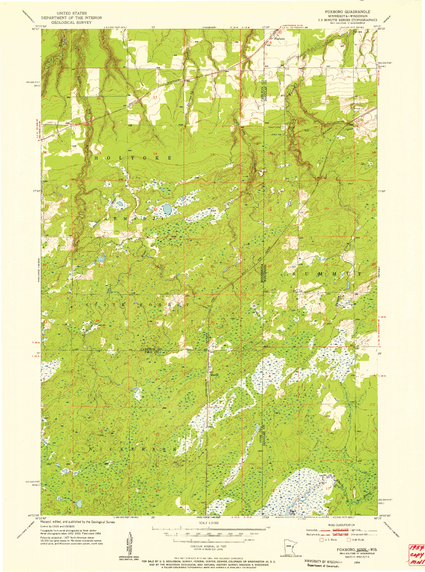 USGS 1:24000-SCALE QUADRANGLE FOR FOXBORO, MN 1954