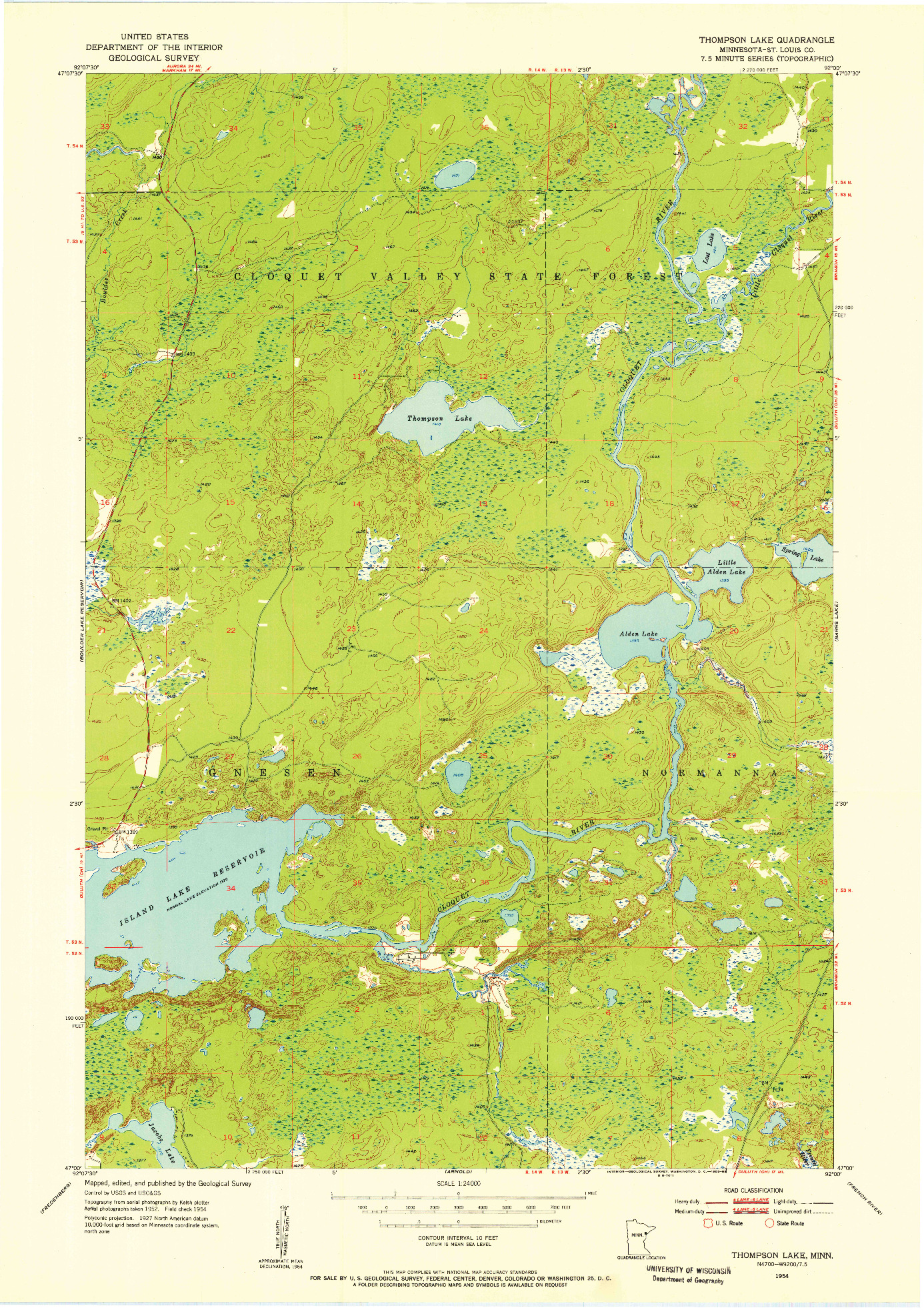 USGS 1:24000-SCALE QUADRANGLE FOR THOMPSON LAKE, MN 1954