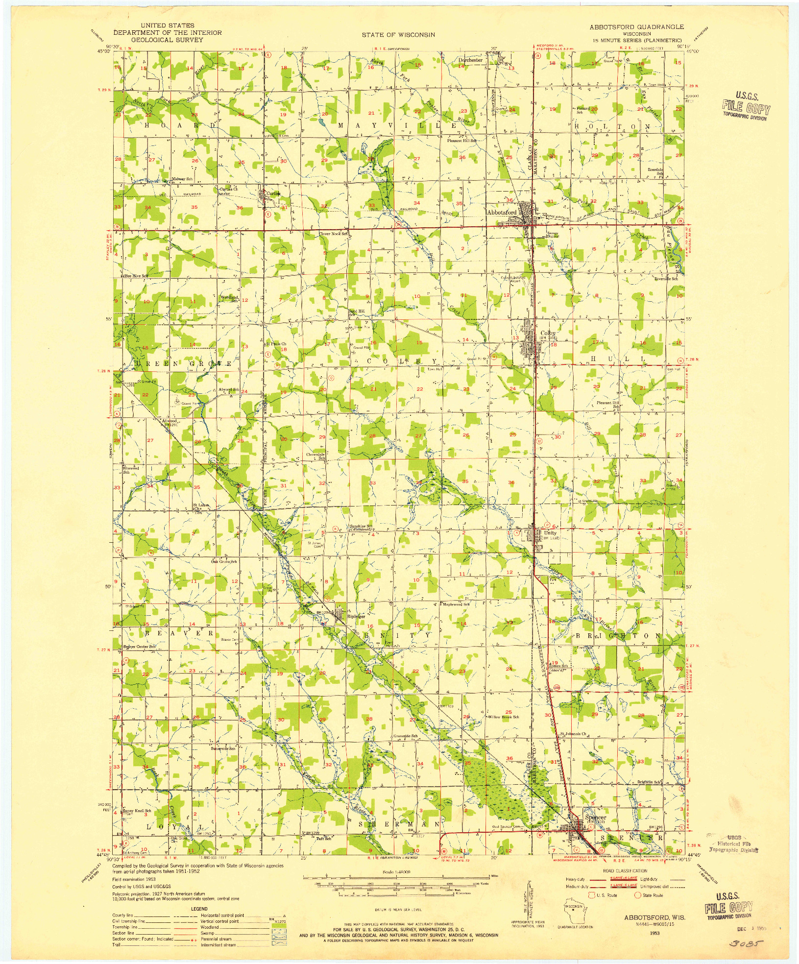 USGS 1:48000-SCALE QUADRANGLE FOR ABBOTSFORD, WI 1953
