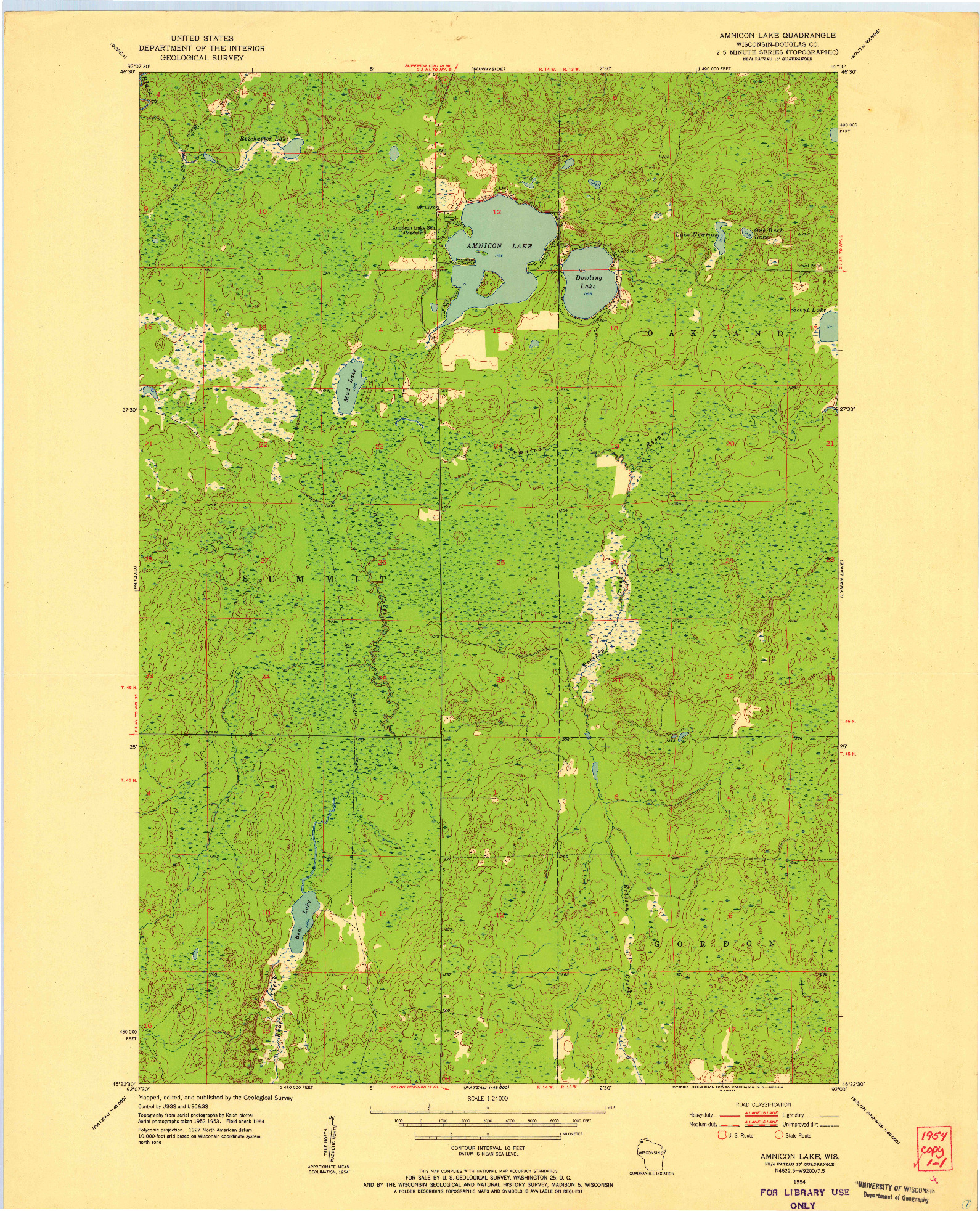 USGS 1:24000-SCALE QUADRANGLE FOR AMNICON LAKE, WI 1954