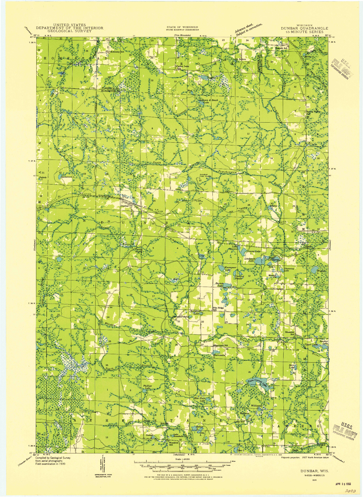 USGS 1:48000-SCALE QUADRANGLE FOR DUNBAR, WI 1939