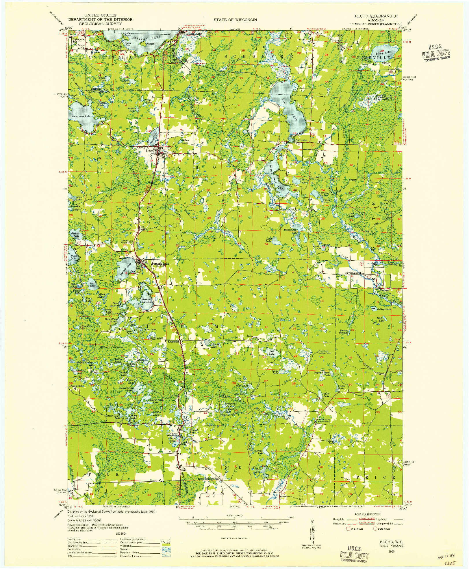 USGS 1:48000-SCALE QUADRANGLE FOR ELCHO, WI 1950