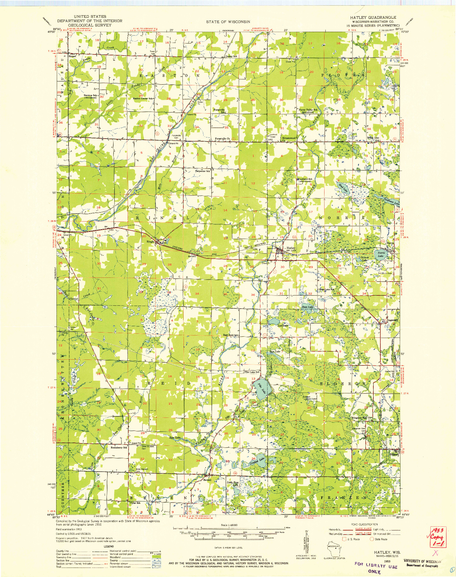 USGS 1:48000-SCALE QUADRANGLE FOR HATLEY, WI 1953