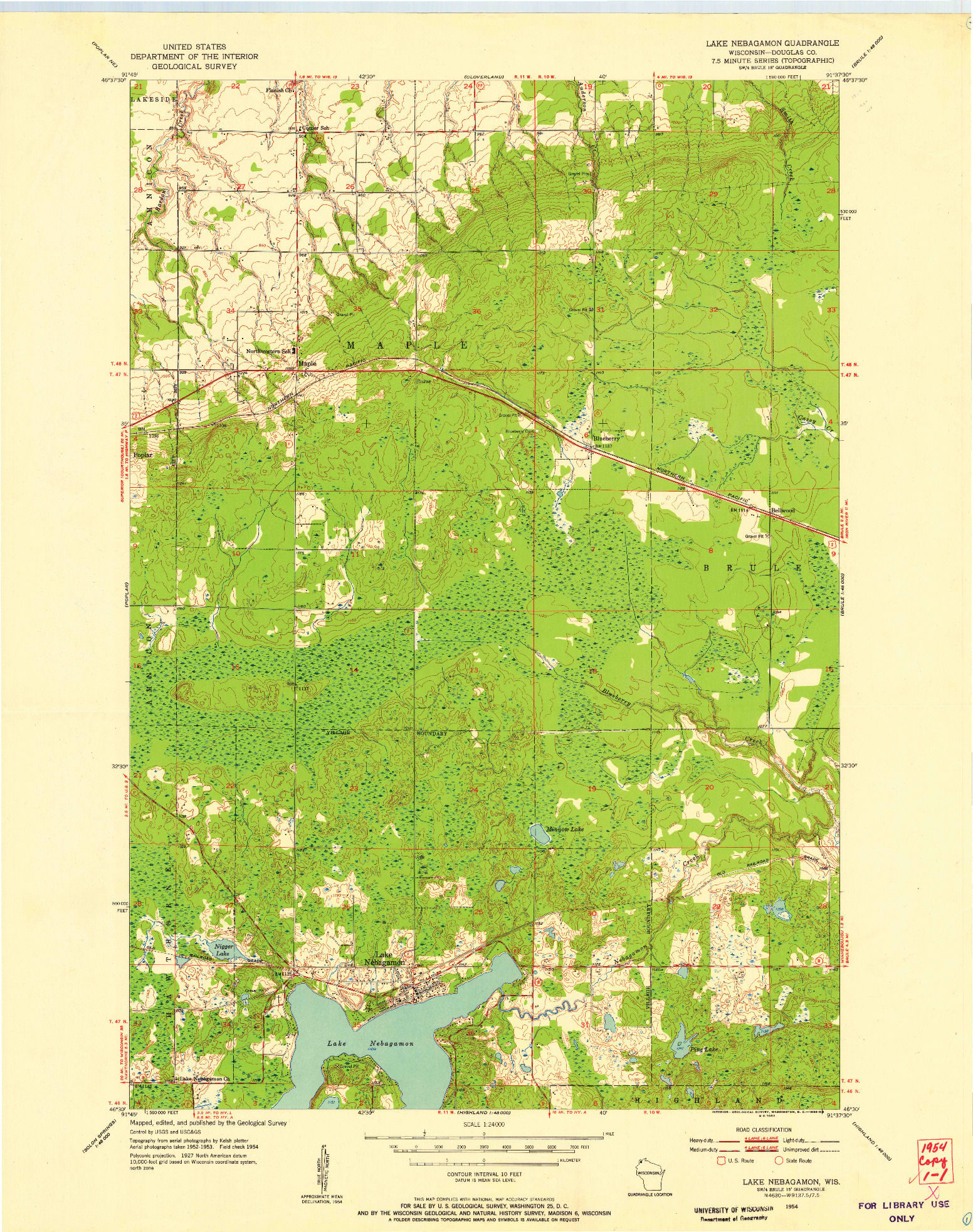 USGS 1:24000-SCALE QUADRANGLE FOR LAKE NEBAGAMON, WI 1954