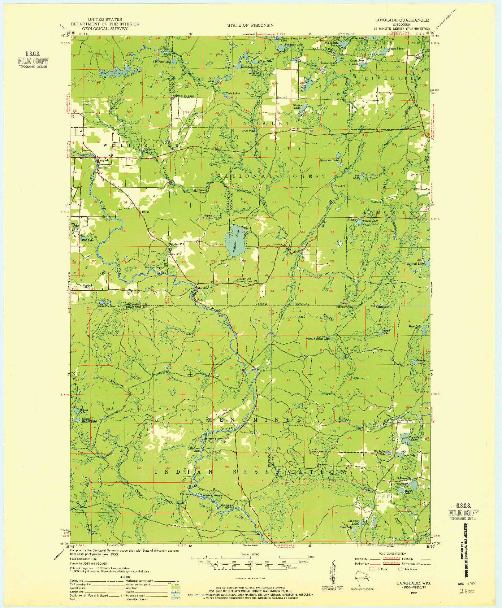 USGS 1:48000-SCALE QUADRANGLE FOR LANGLADE, WI 1952