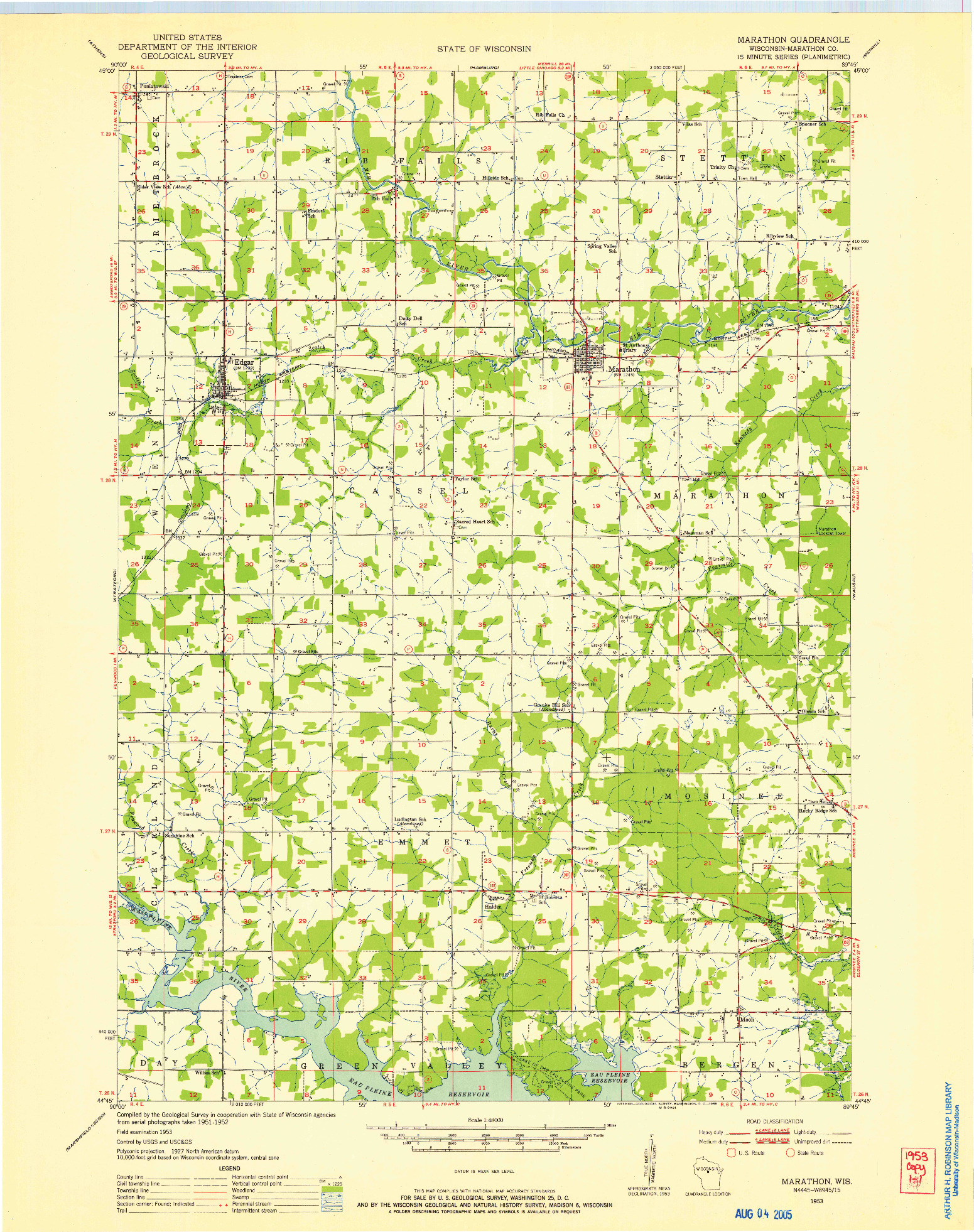 USGS 1:48000-SCALE QUADRANGLE FOR MARATHON, WI 1953