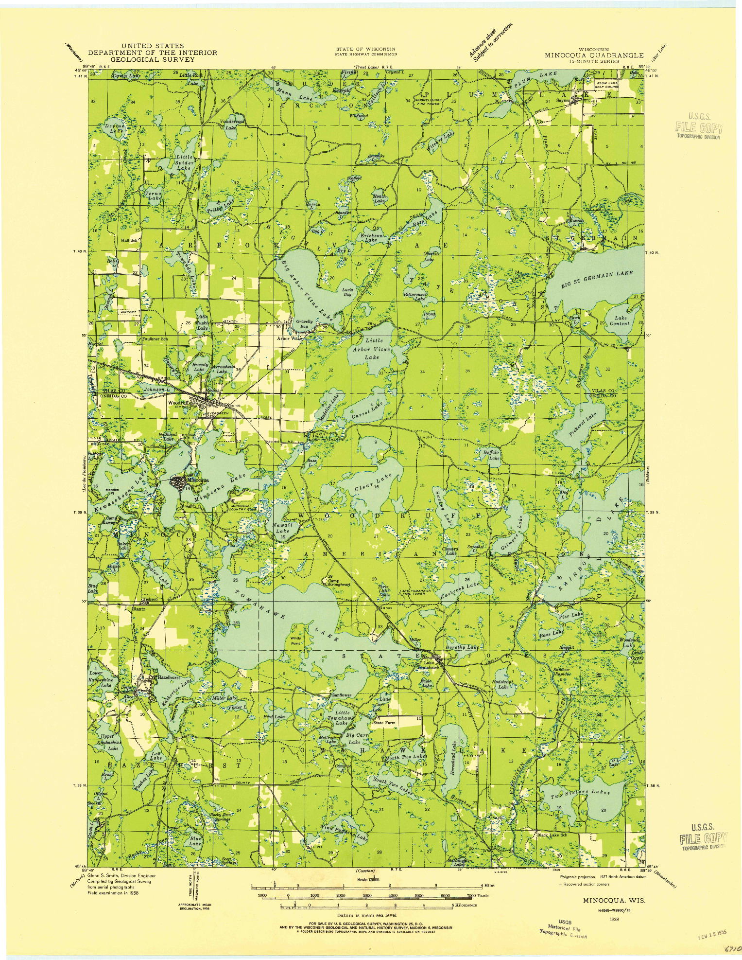 USGS 1:48000-SCALE QUADRANGLE FOR MINOCQUA, WI 1938