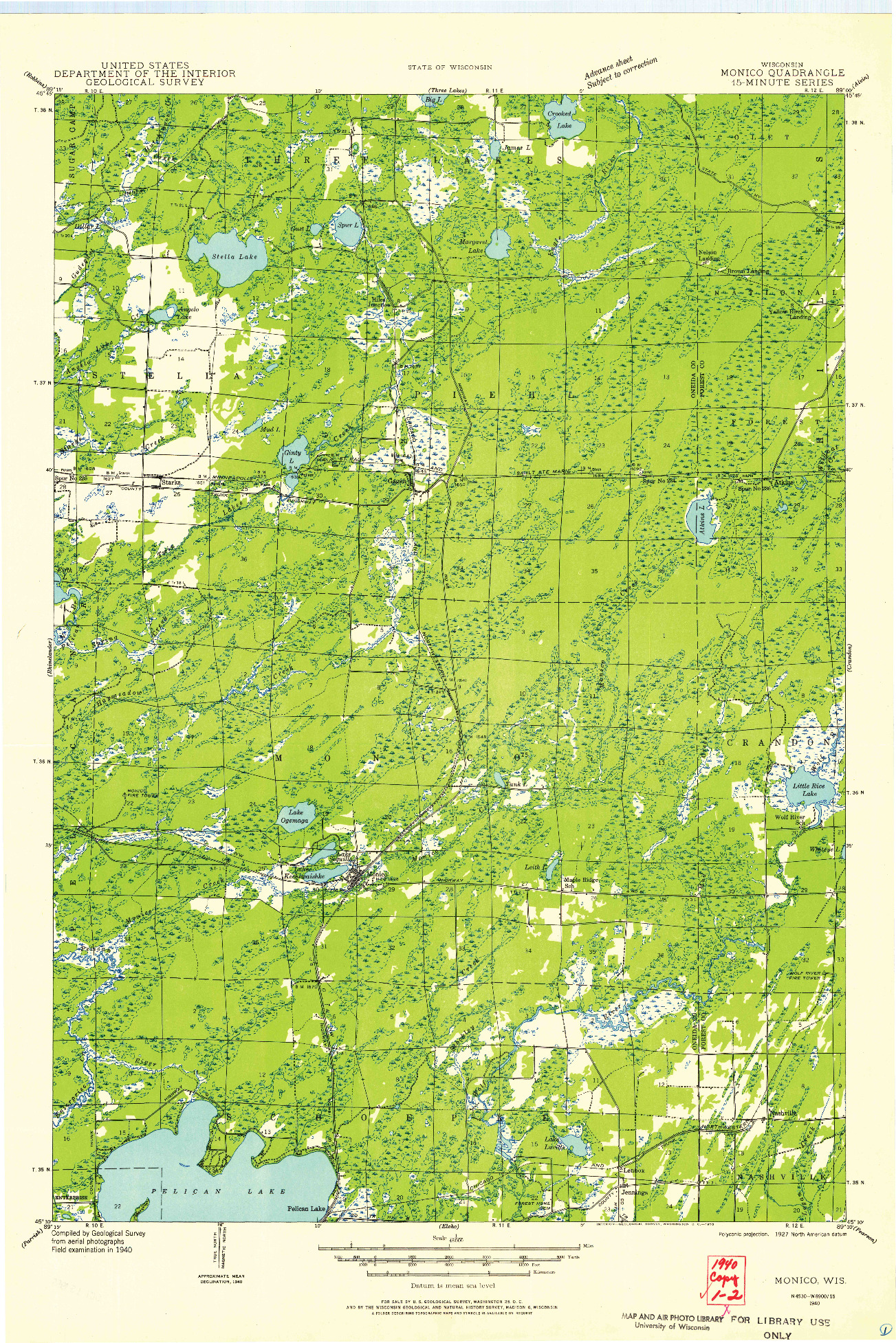 USGS 1:48000-SCALE QUADRANGLE FOR MONICO, WI 1940