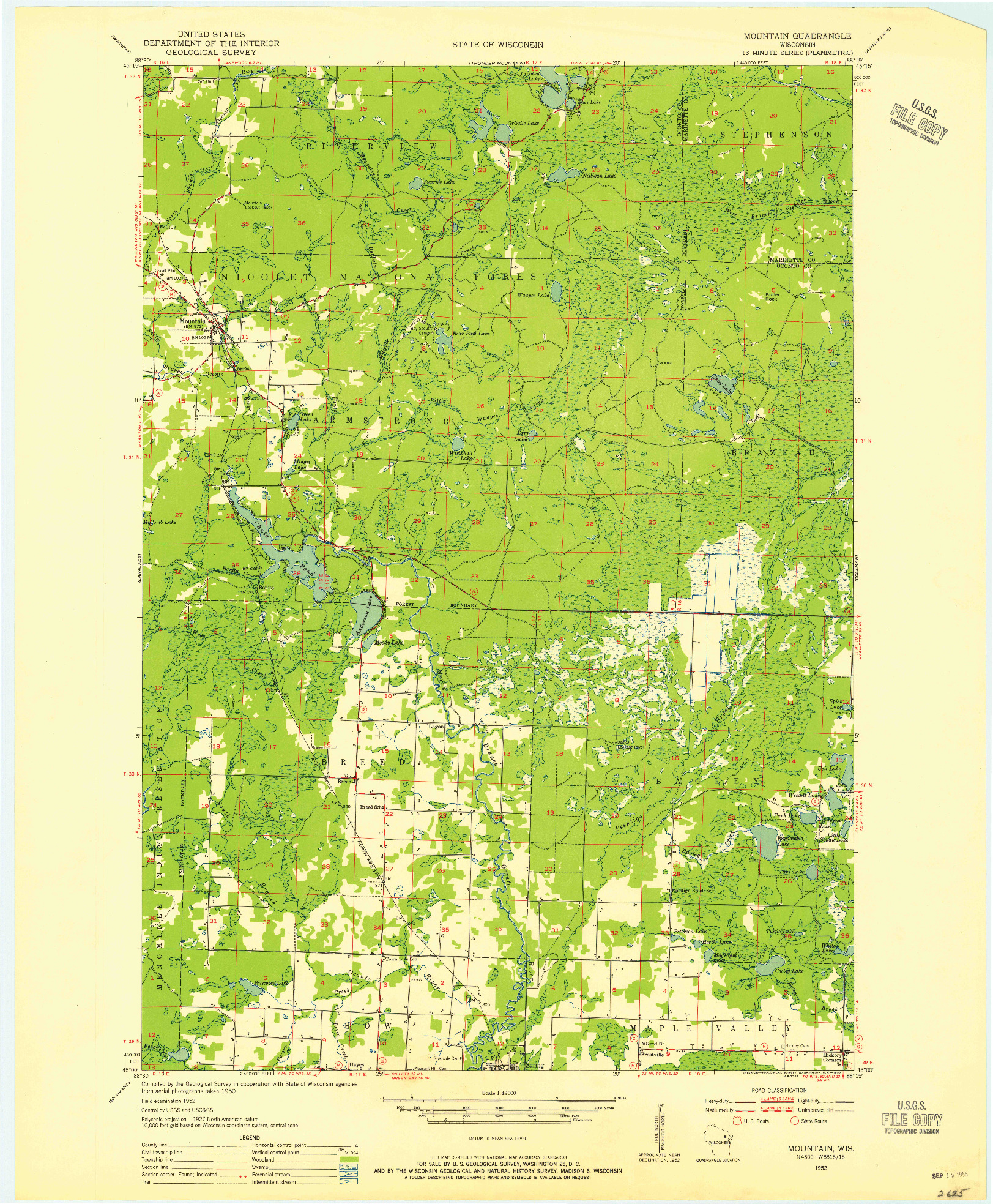 USGS 1:48000-SCALE QUADRANGLE FOR MOUNTAIN, WI 1952