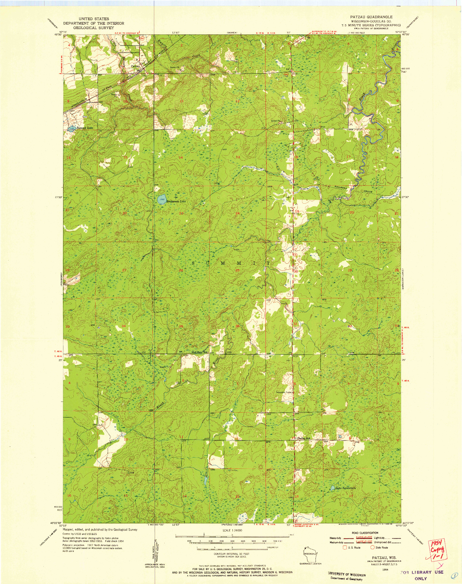 USGS 1:24000-SCALE QUADRANGLE FOR PATZAU, WI 1954