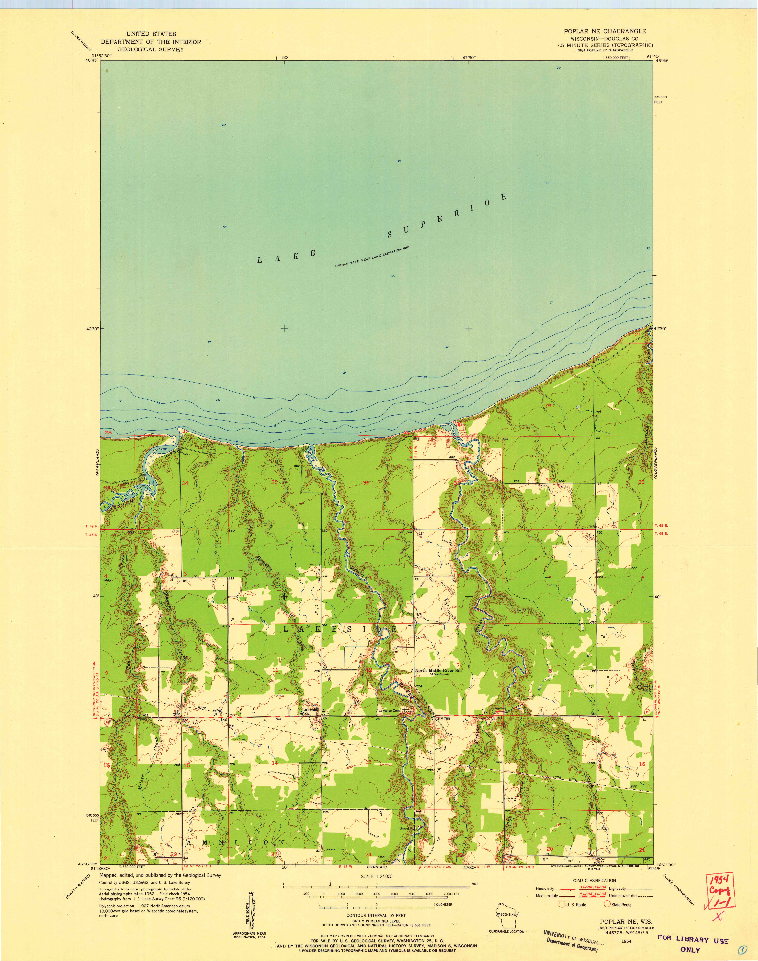 USGS 1:24000-SCALE QUADRANGLE FOR POPLAR NE, WI 1954