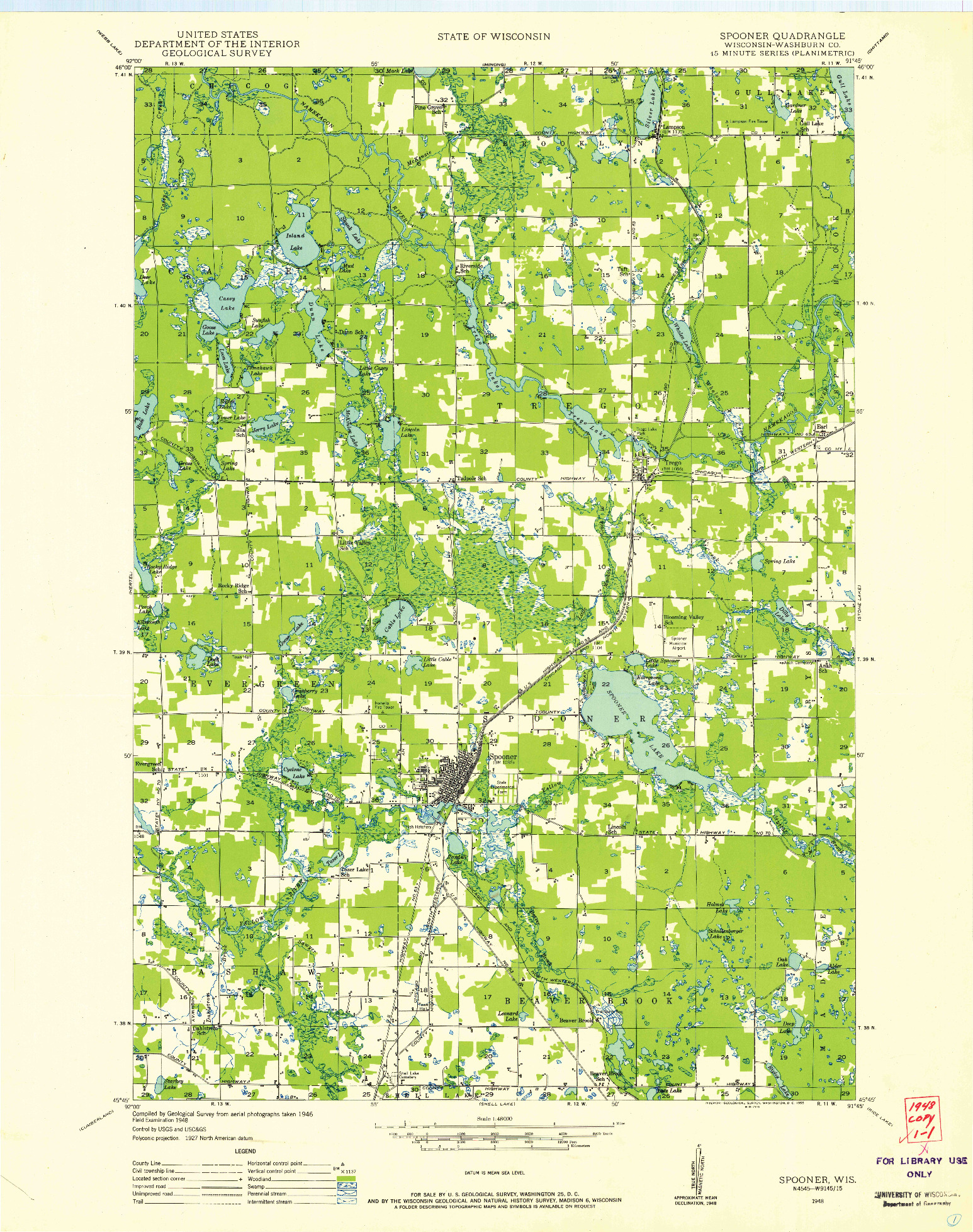 USGS 1:48000-SCALE QUADRANGLE FOR SPOONER, WI 1948