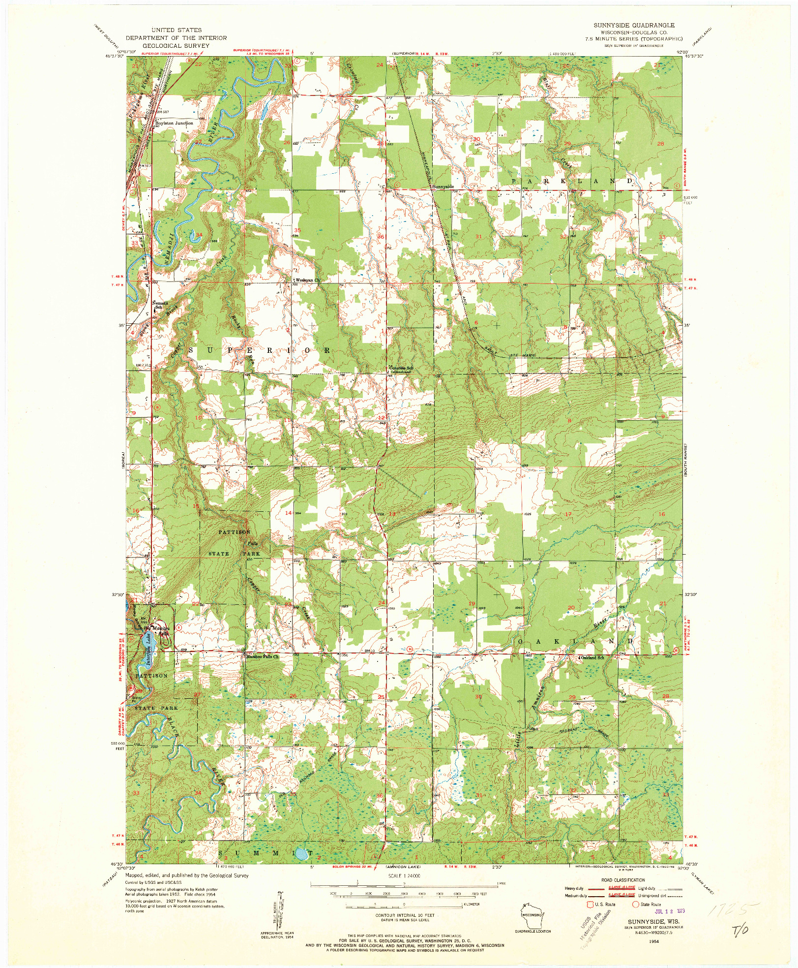 USGS 1:24000-SCALE QUADRANGLE FOR SUNNYSIDE, WI 1954
