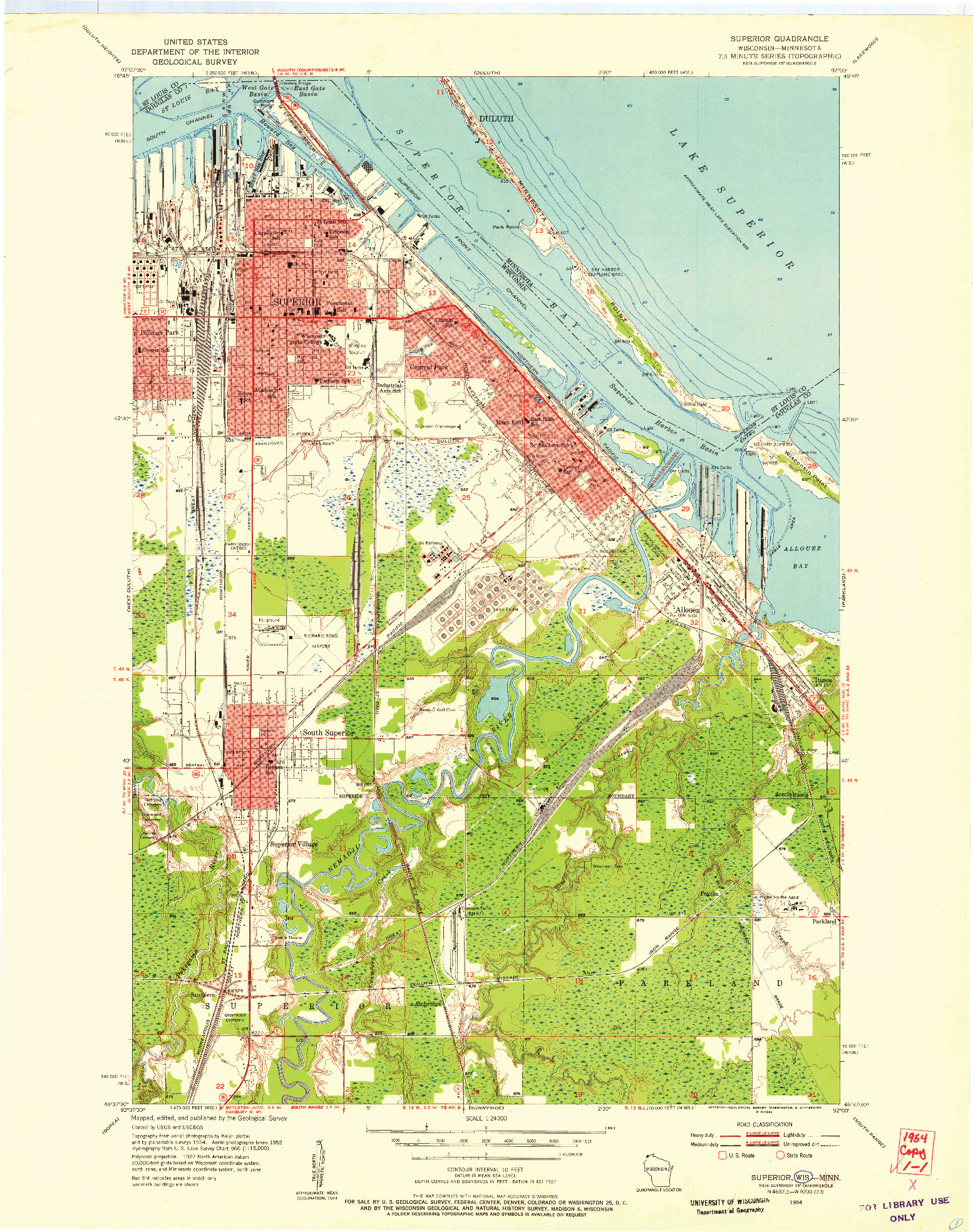 USGS 1:24000-SCALE QUADRANGLE FOR SUPERIOR, WI 1954