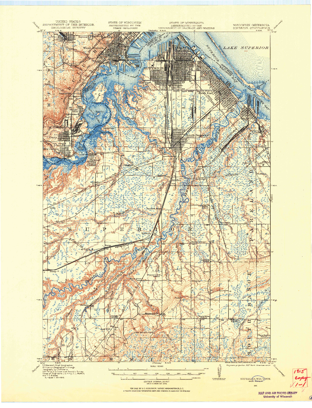 USGS 1:62500-SCALE QUADRANGLE FOR SUPERIOR, WI 1915
