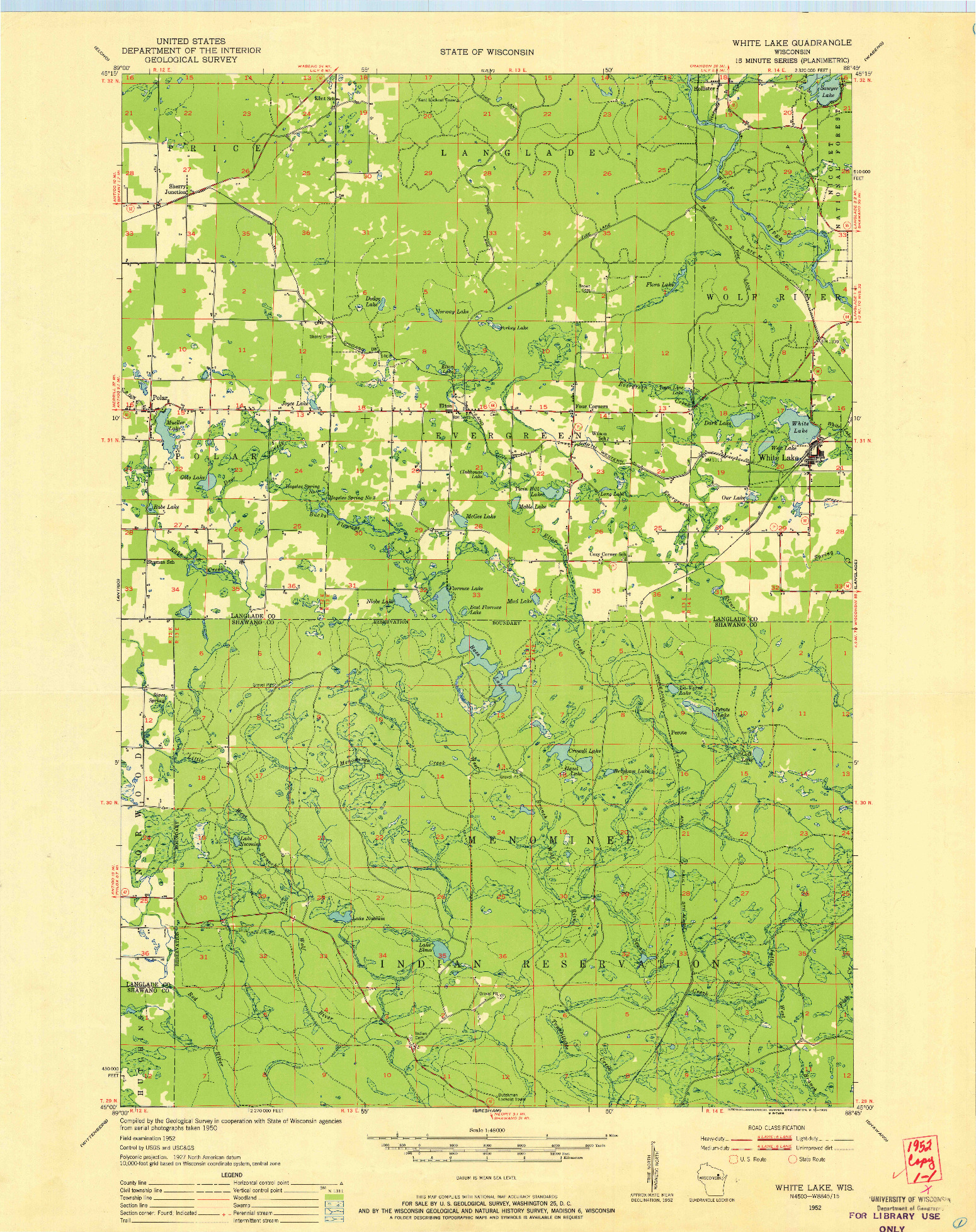 USGS 1:48000-SCALE QUADRANGLE FOR WHITE LAKE, WI 1952