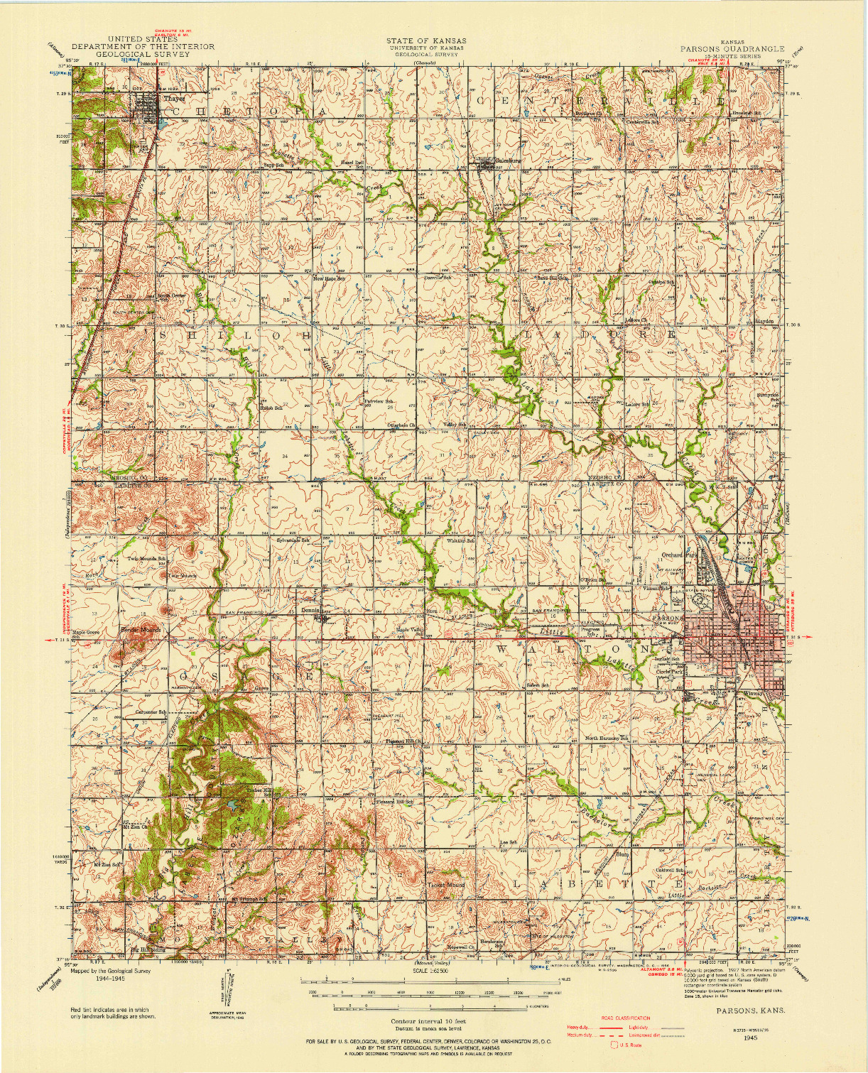 USGS 1:62500-SCALE QUADRANGLE FOR PARSONS, KS 1945