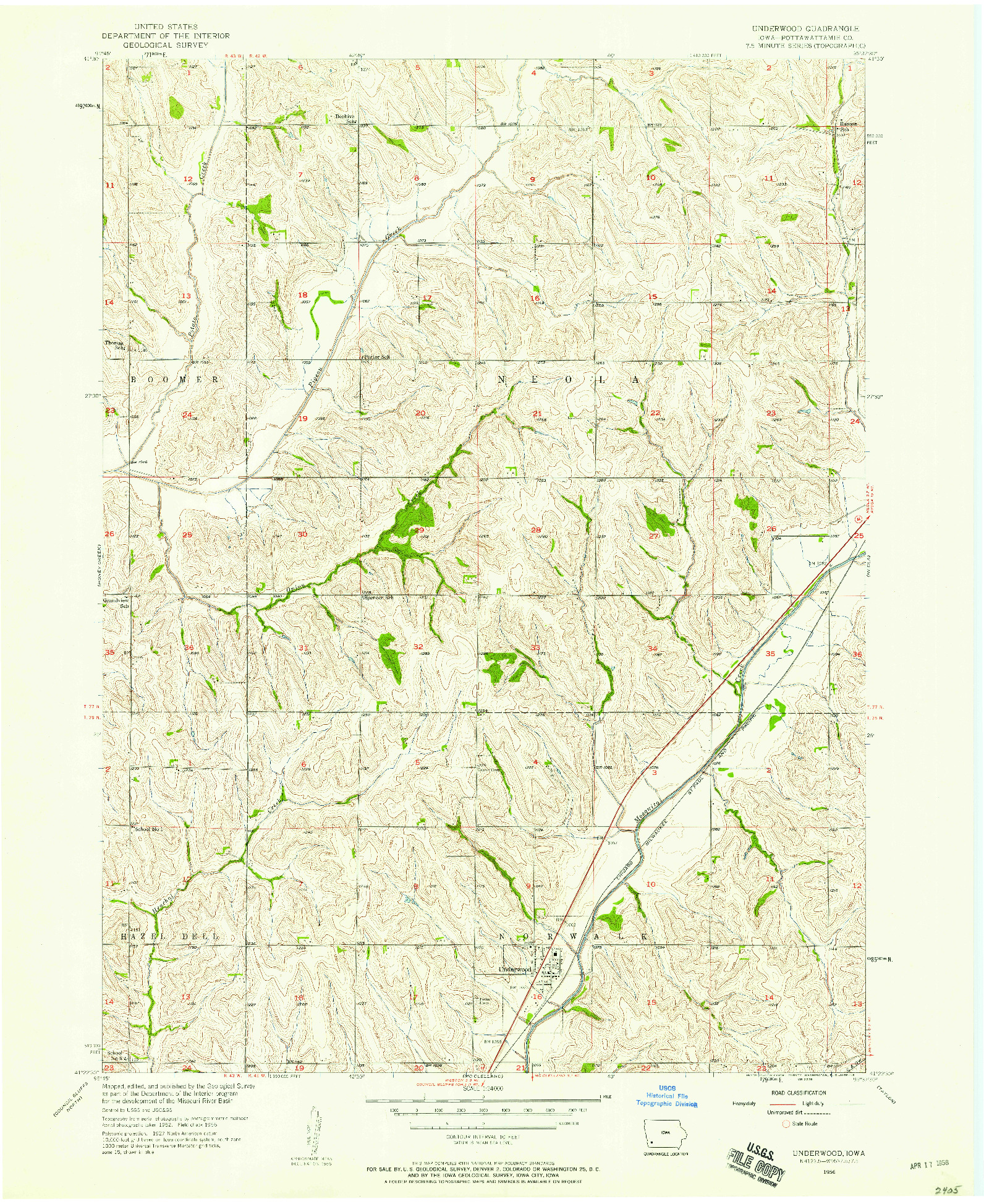 USGS 1:24000-SCALE QUADRANGLE FOR UNDERWOOD, IA 1956