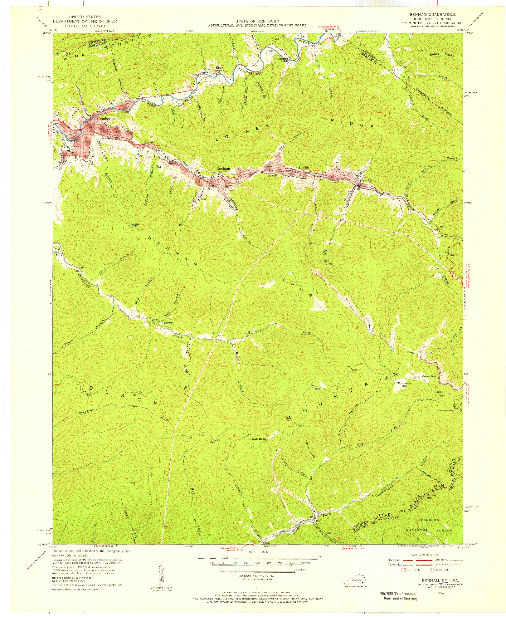 USGS 1:24000-SCALE QUADRANGLE FOR BENHAM, KY 1954
