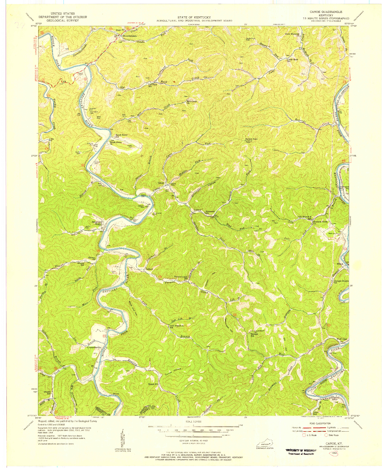 USGS 1:24000-SCALE QUADRANGLE FOR CANOE, KY 1954