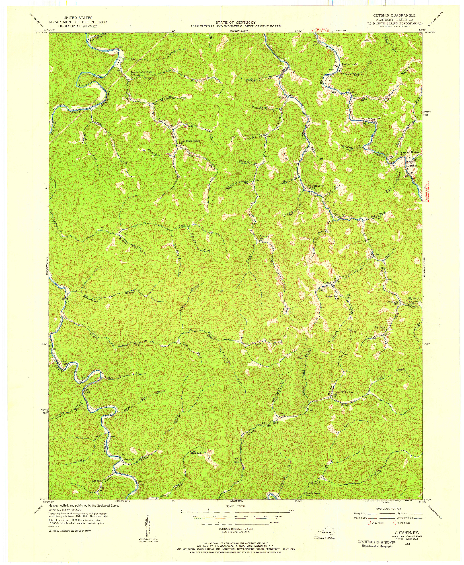 USGS 1:24000-SCALE QUADRANGLE FOR CUTSHIN, KY 1954