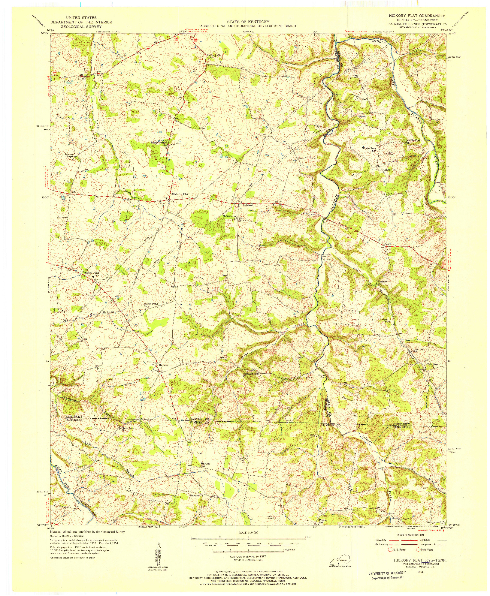 USGS 1:24000-SCALE QUADRANGLE FOR HICKORY FLAT, KY 1954