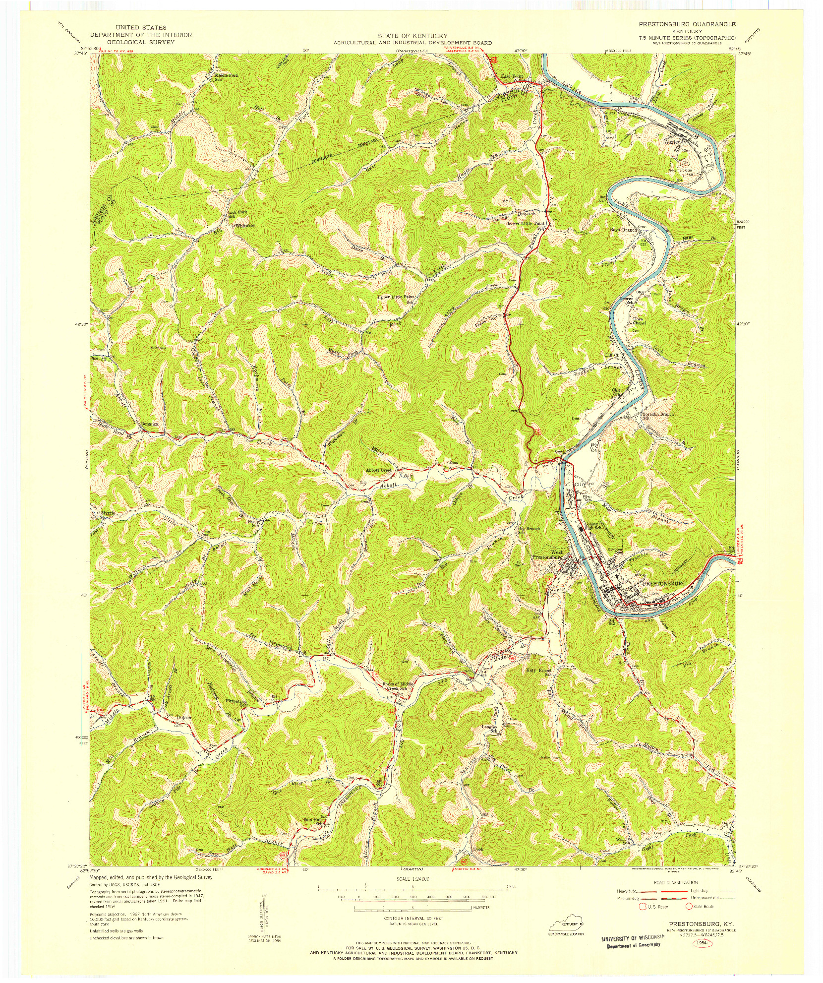 USGS 1:24000-SCALE QUADRANGLE FOR PRESTONSBURG, KY 1954