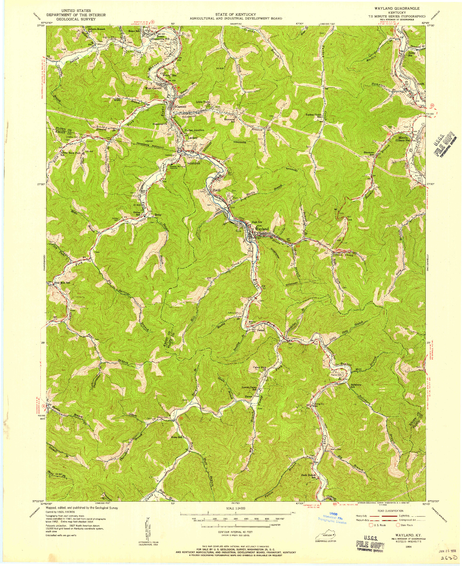 USGS 1:24000-SCALE QUADRANGLE FOR WAYLAND, KY 1954
