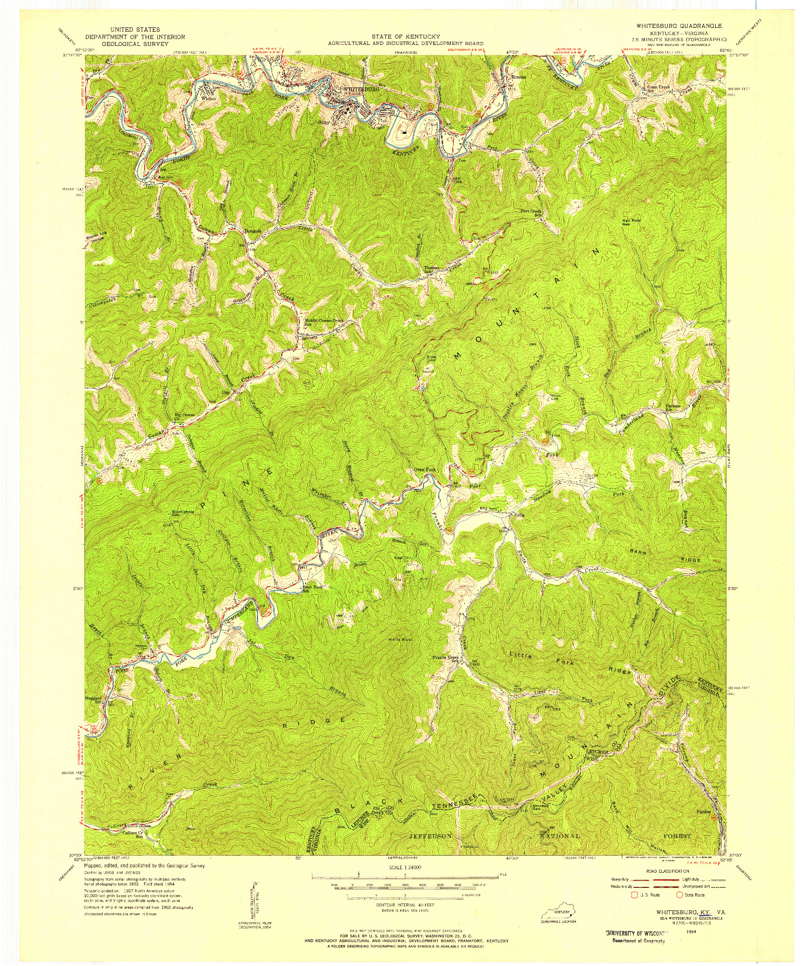 USGS 1:24000-SCALE QUADRANGLE FOR WHITESBURG, KY 1954