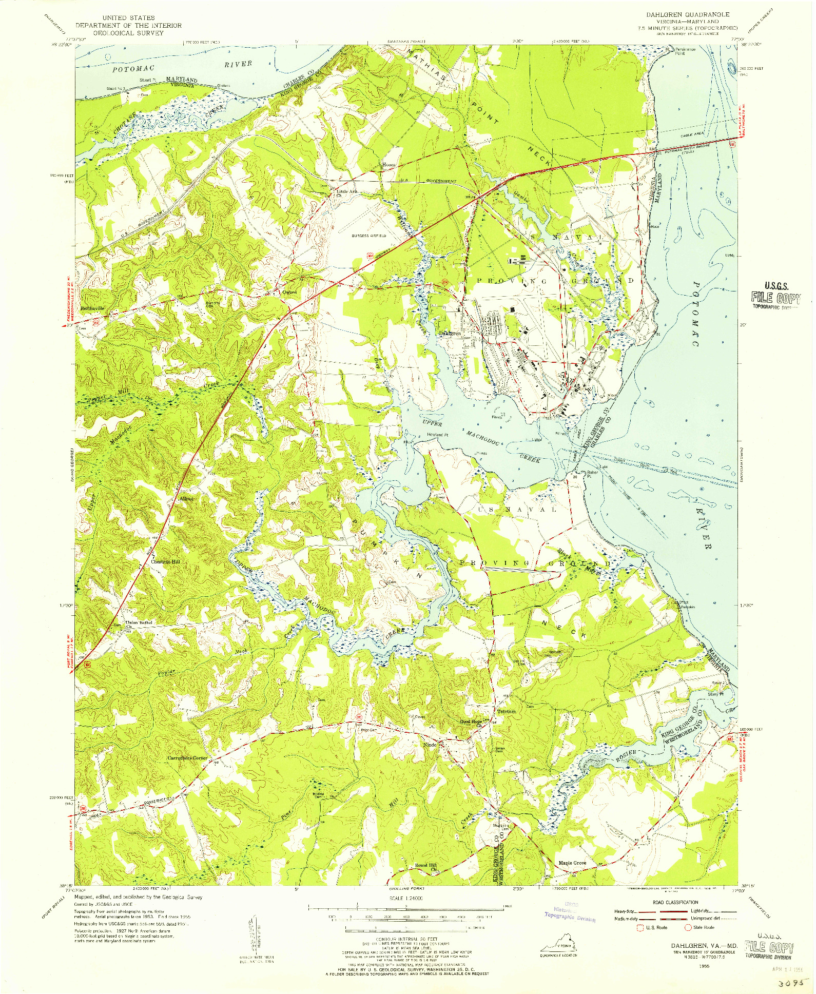 USGS 1:24000-SCALE QUADRANGLE FOR DAHLGREN, VA 1955