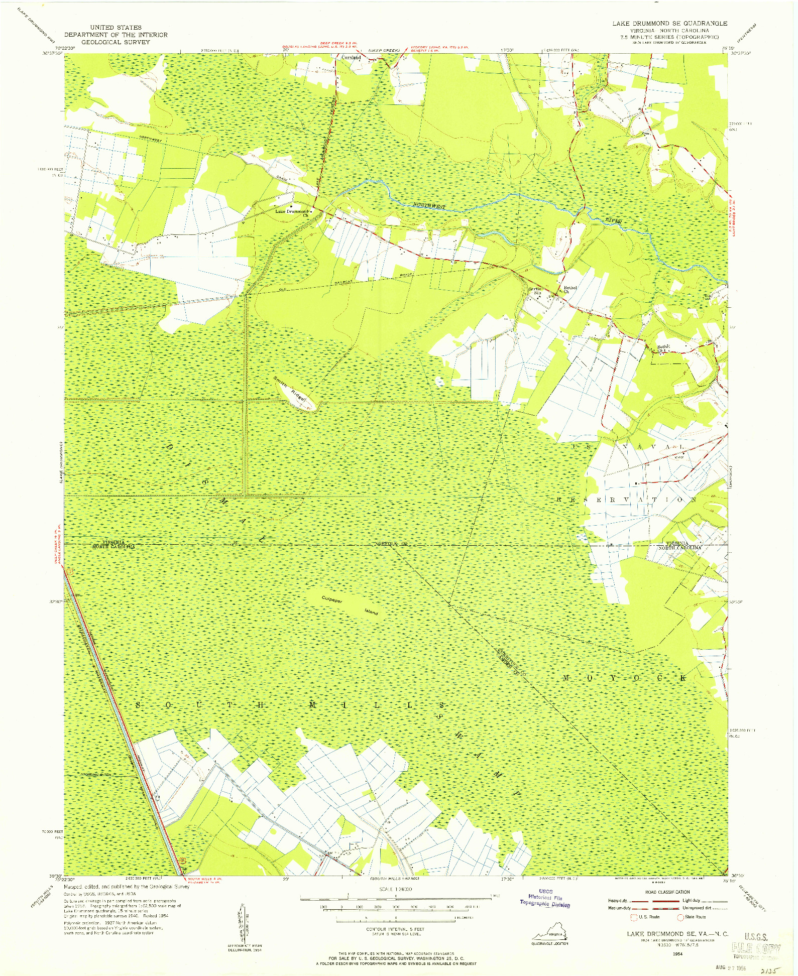 USGS 1:24000-SCALE QUADRANGLE FOR LAKE DRUMMOND SE, VA 1954