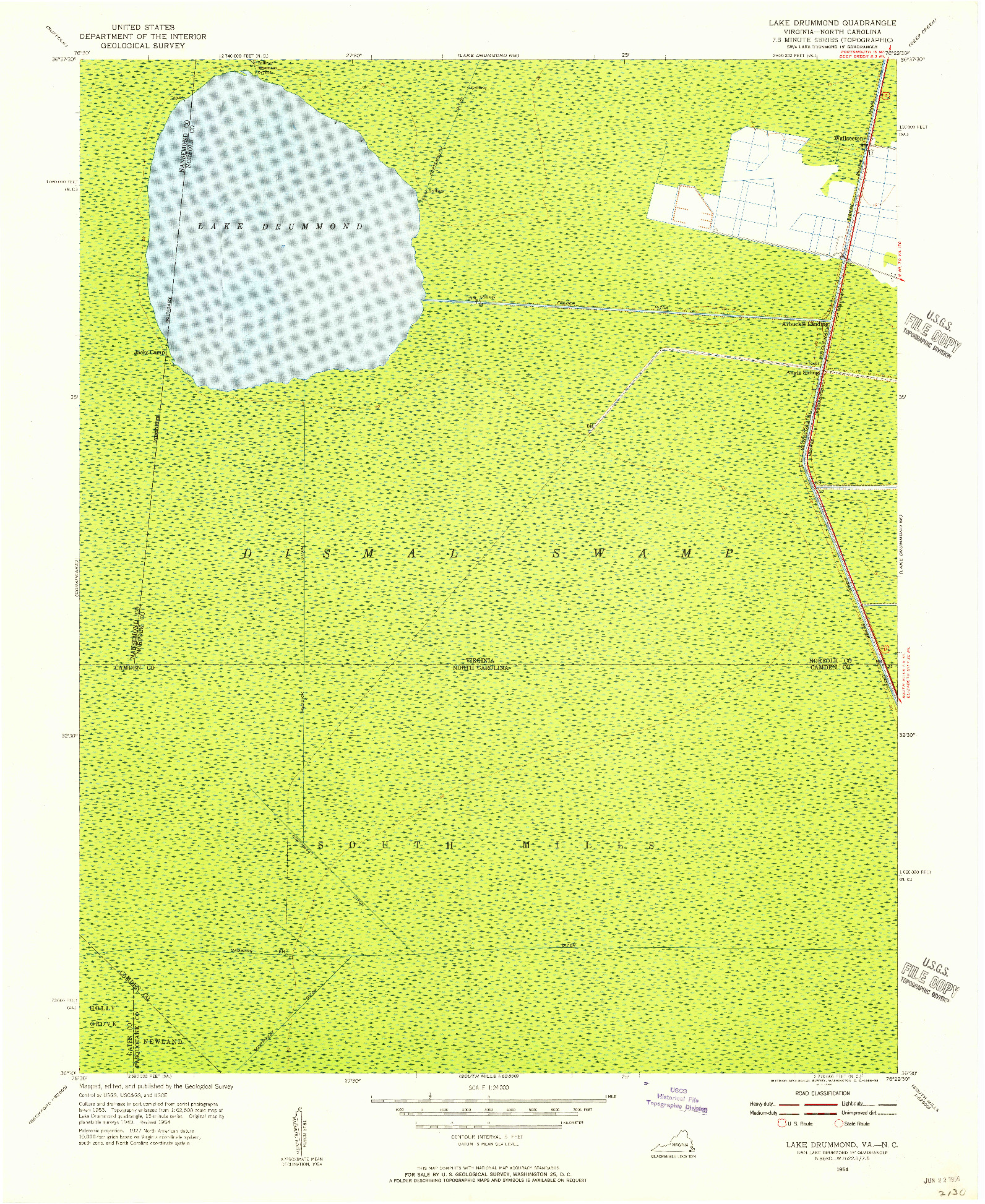 USGS 1:24000-SCALE QUADRANGLE FOR LAKE DRUMMOND, VA 1954
